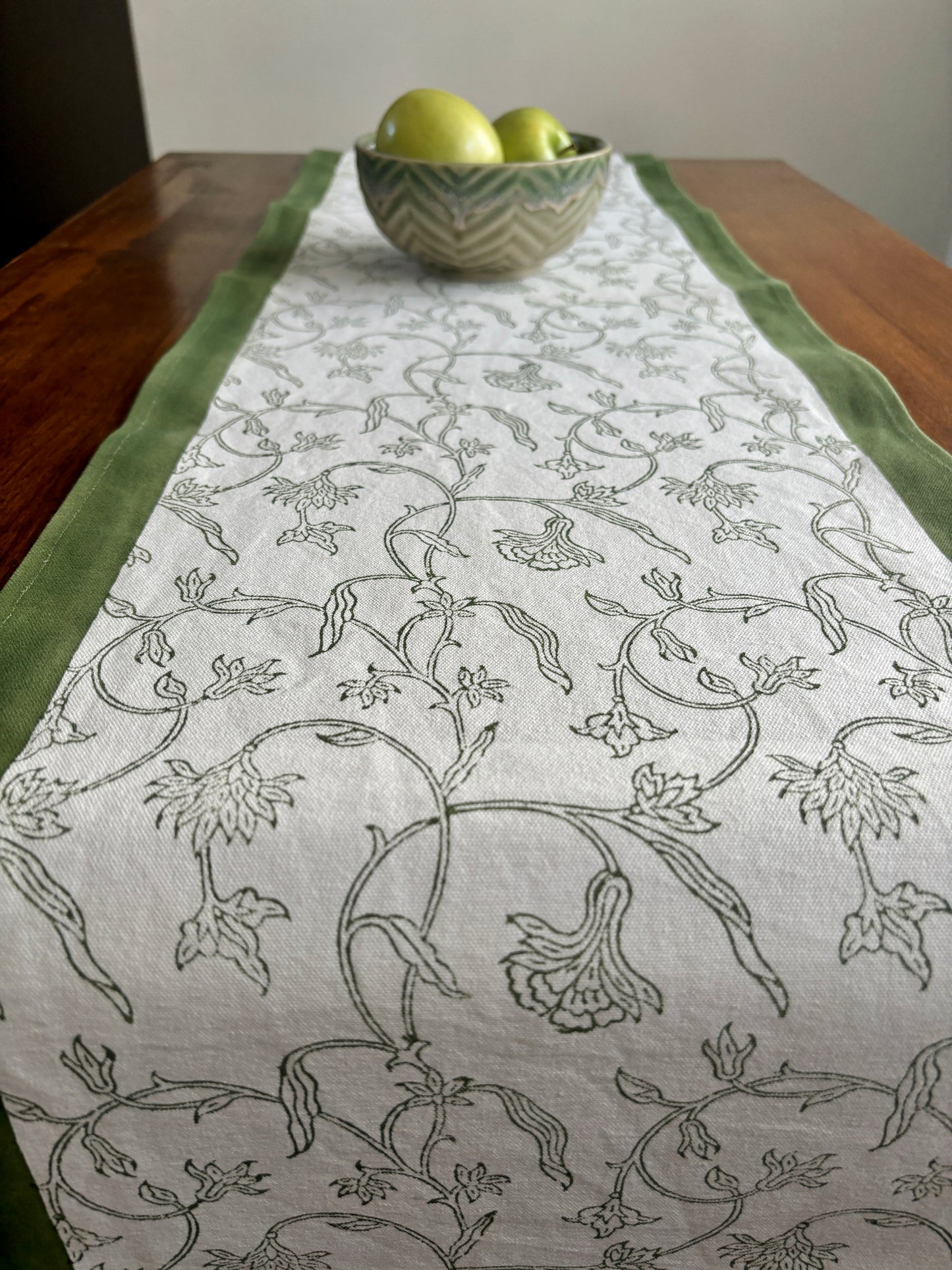 Hand Block Printed Floral Table Runner | Olive Green