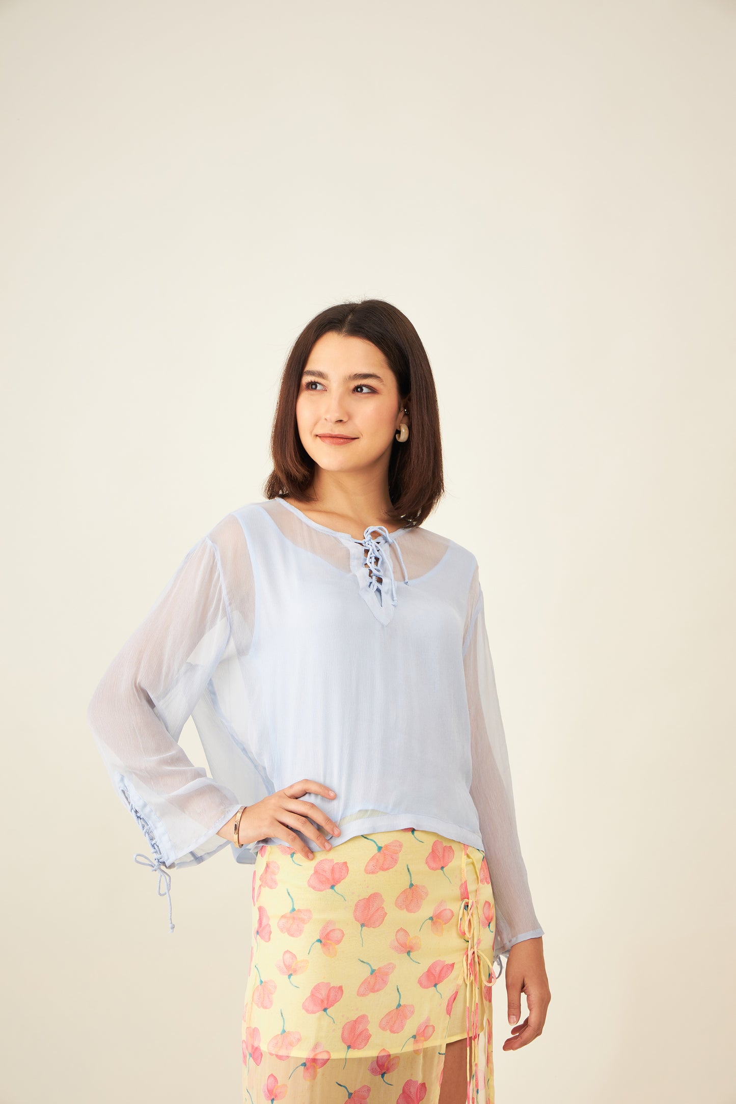 Set of 2 - Sheer top with tie details in powder blue