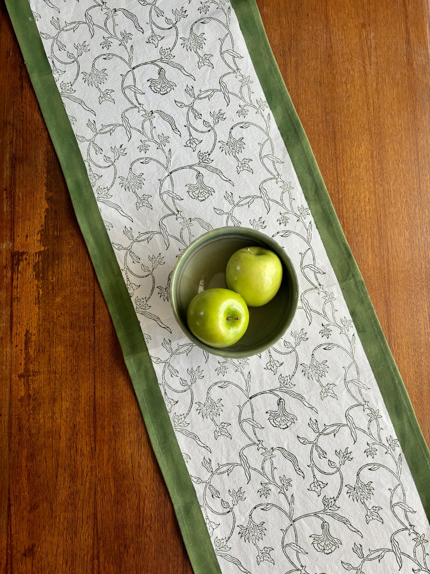 Hand Block Printed Floral Table Runner | Olive Green