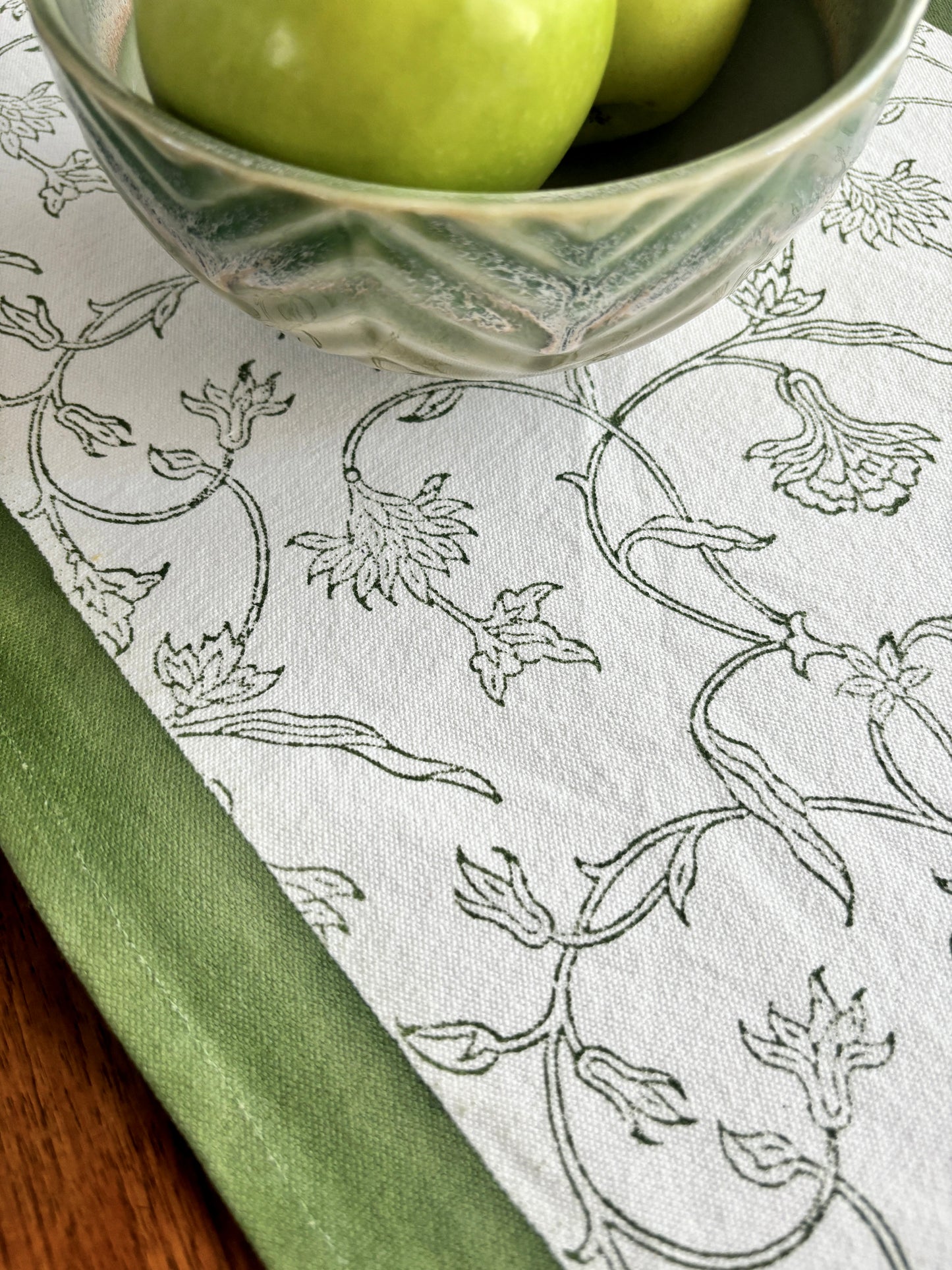 Hand Block Printed Floral Table Runner | Olive Green