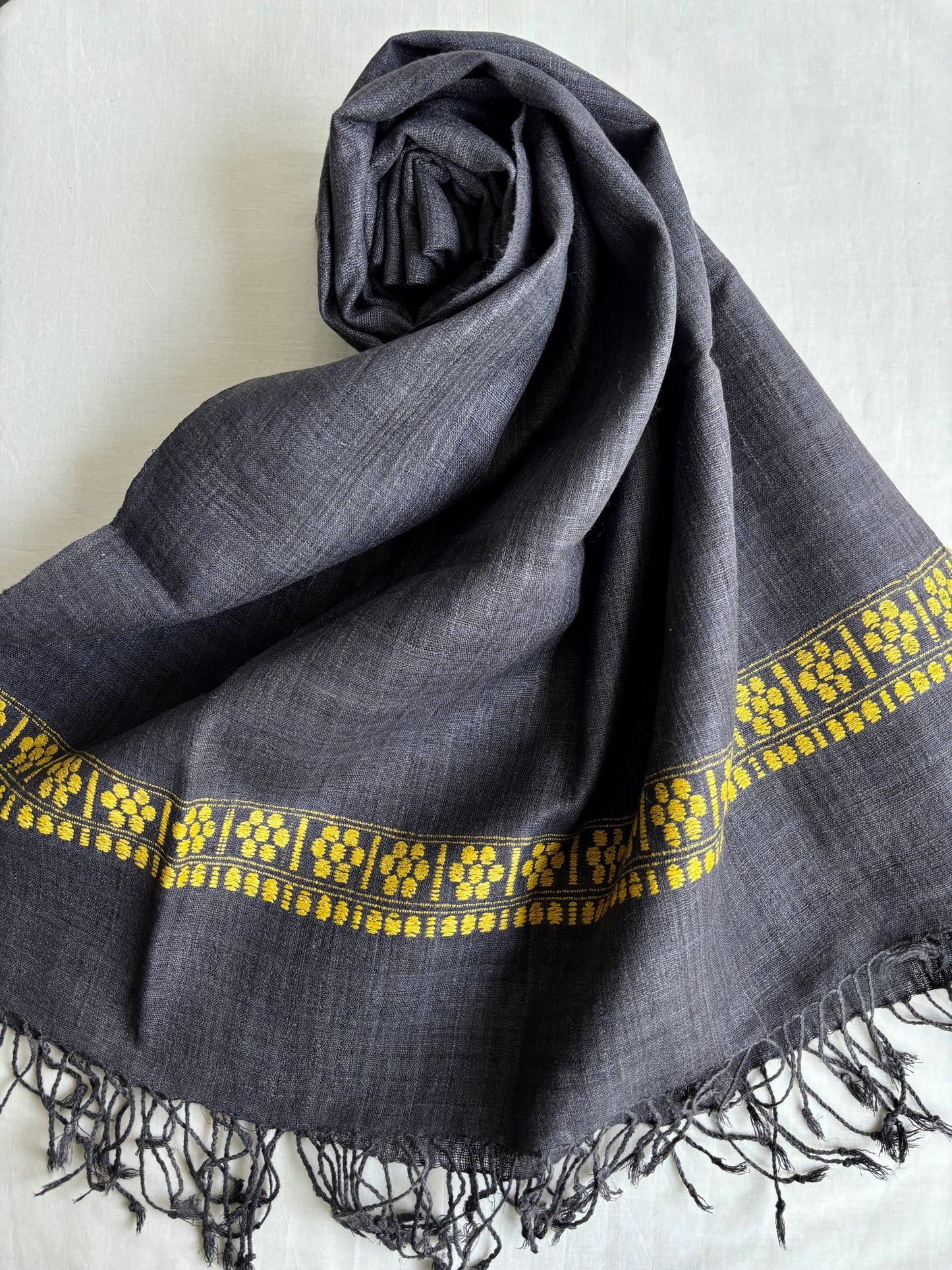 Grey Ahimsa Silk Stole with Yellow border | Natural Dyes