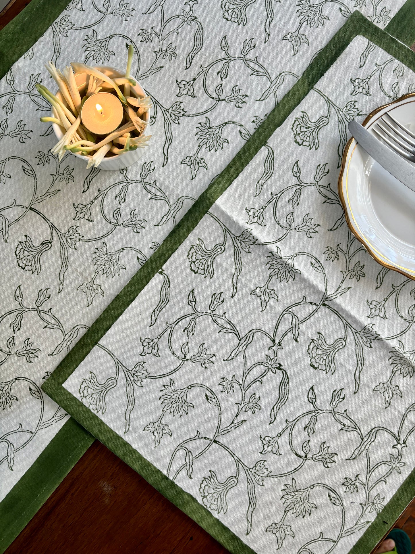 Dining Table Placemats | Floral | Olive Green | Set of 6