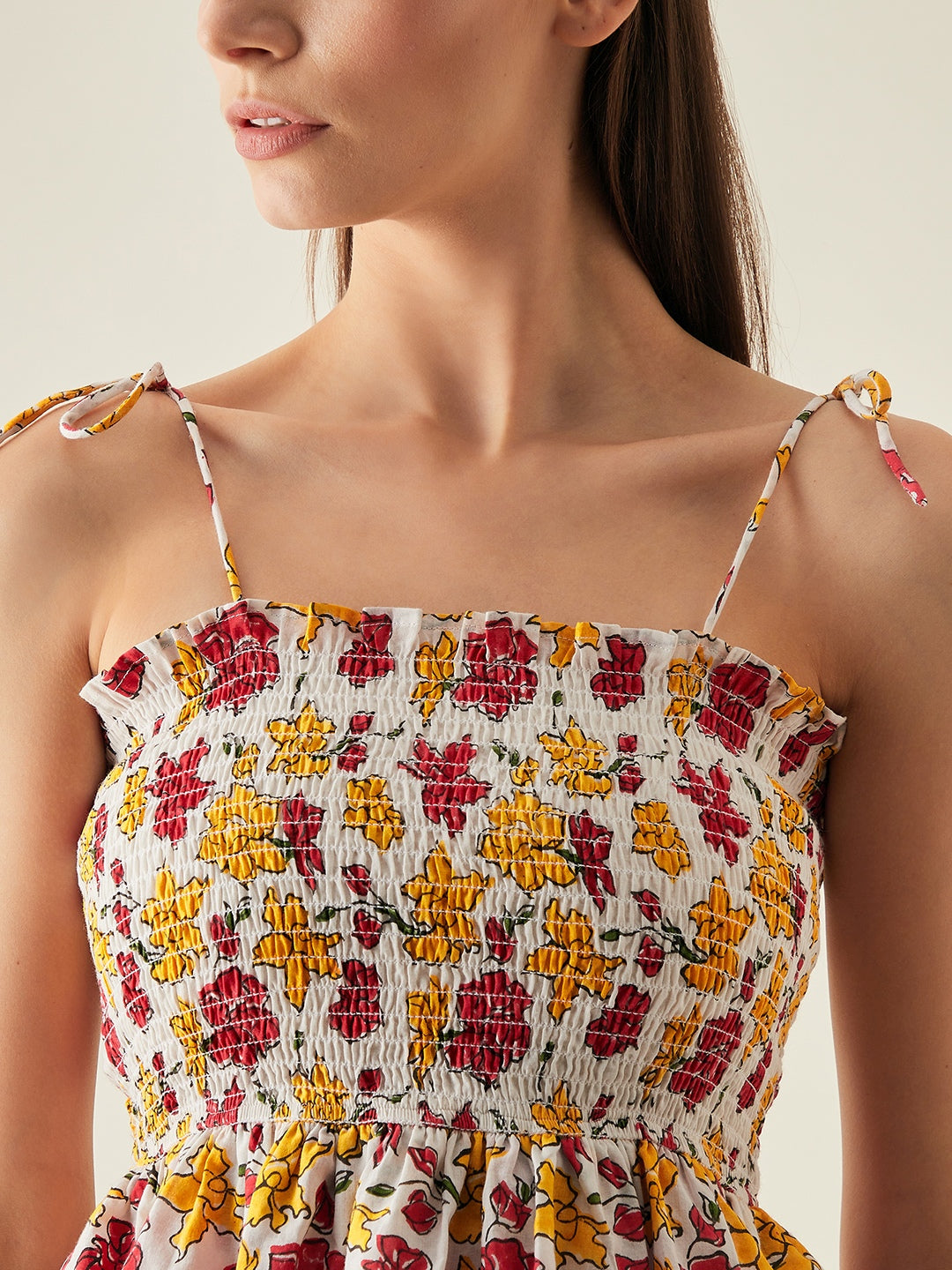 Smocked tiered top with spaghetti straps | Red, yellow, white