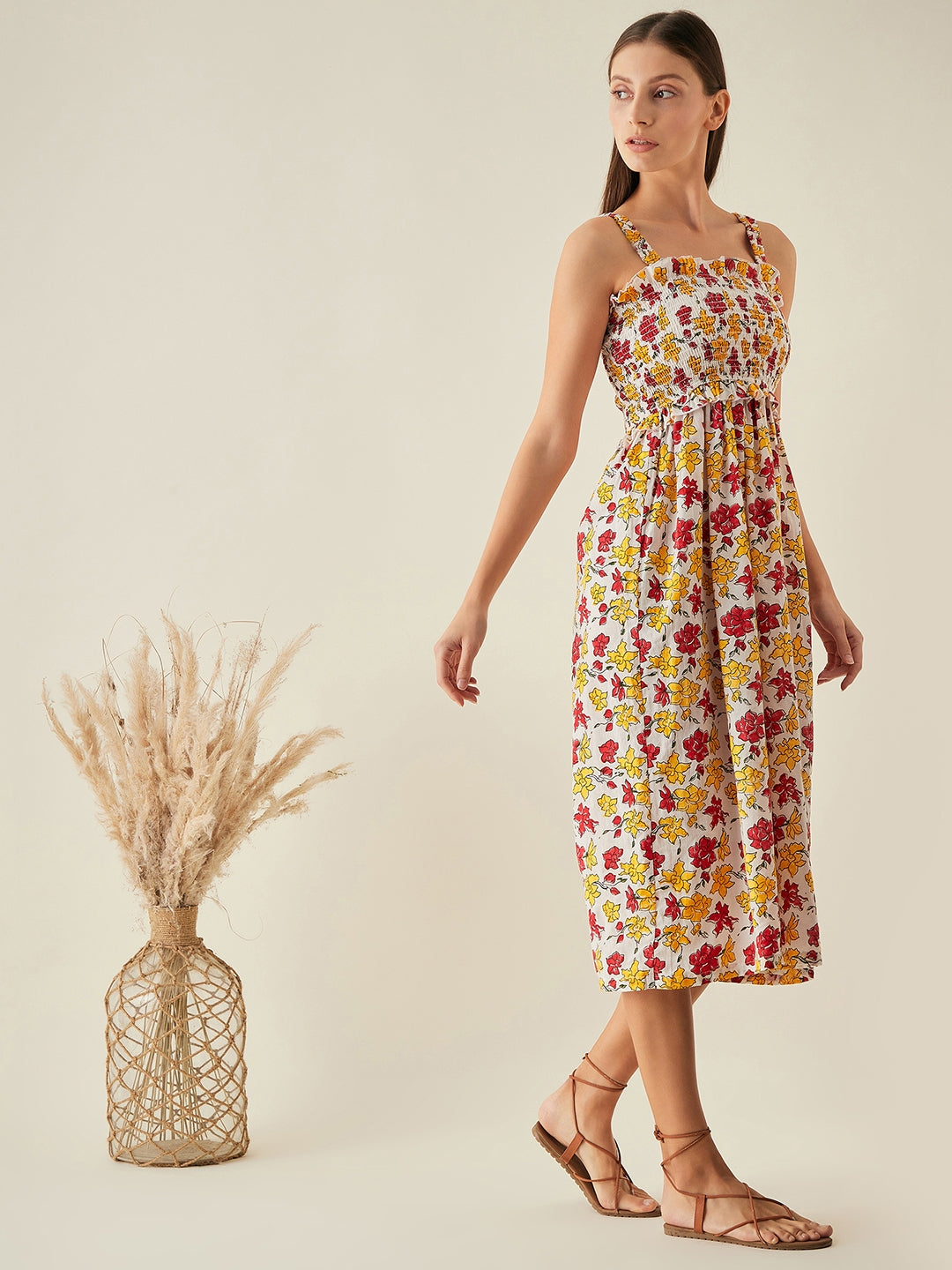Midi dress for women | Red, yellow, white