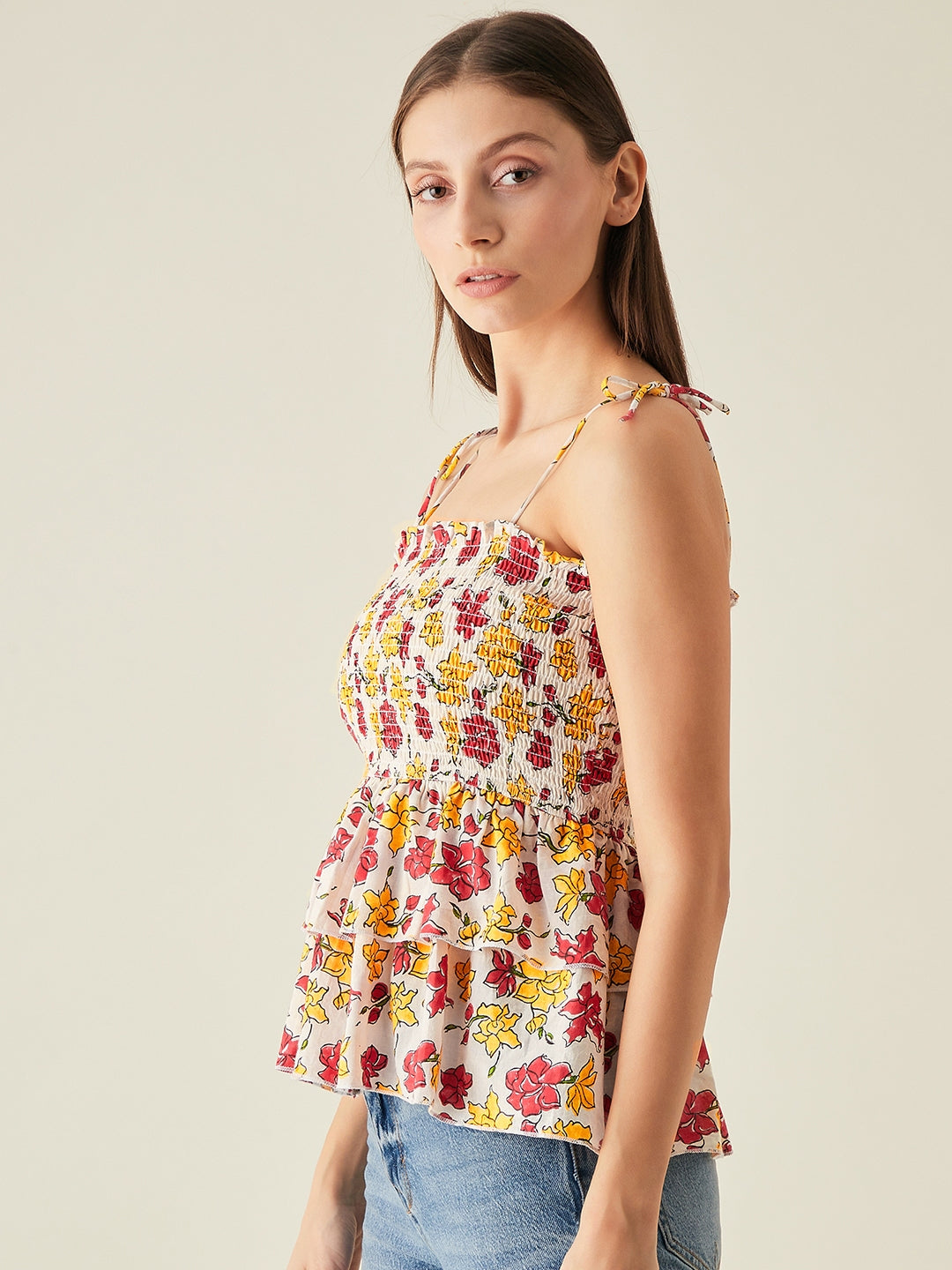 Smocked tiered top with spaghetti straps | Red, yellow, white