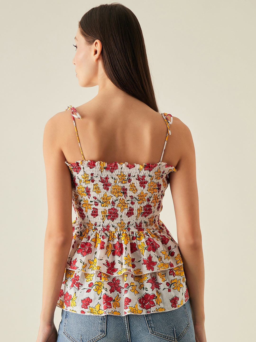 Smocked tiered top with spaghetti straps | Red, yellow, white