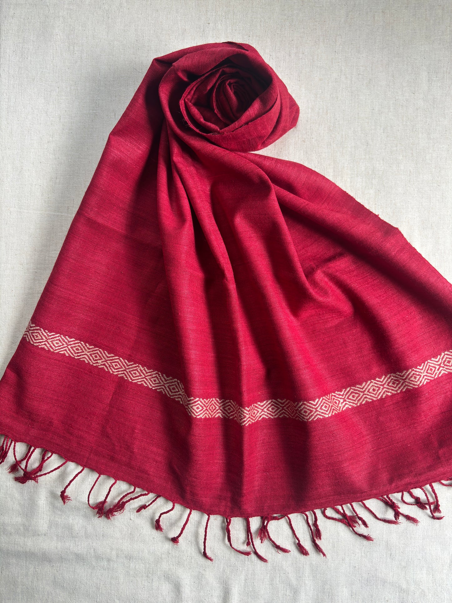 Ahimsa Silk Stole in Red with Beige Geometric Border | Natural Dyes