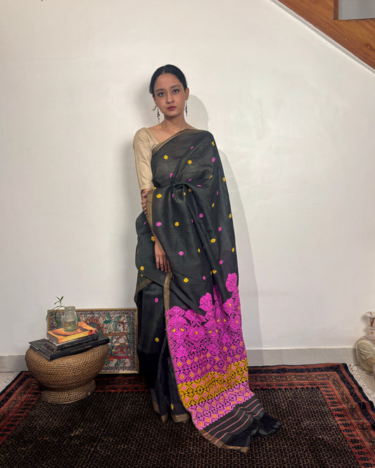 Raw Silk - Cotton Sari with Pink & Yellow Heavy Pallu | Black