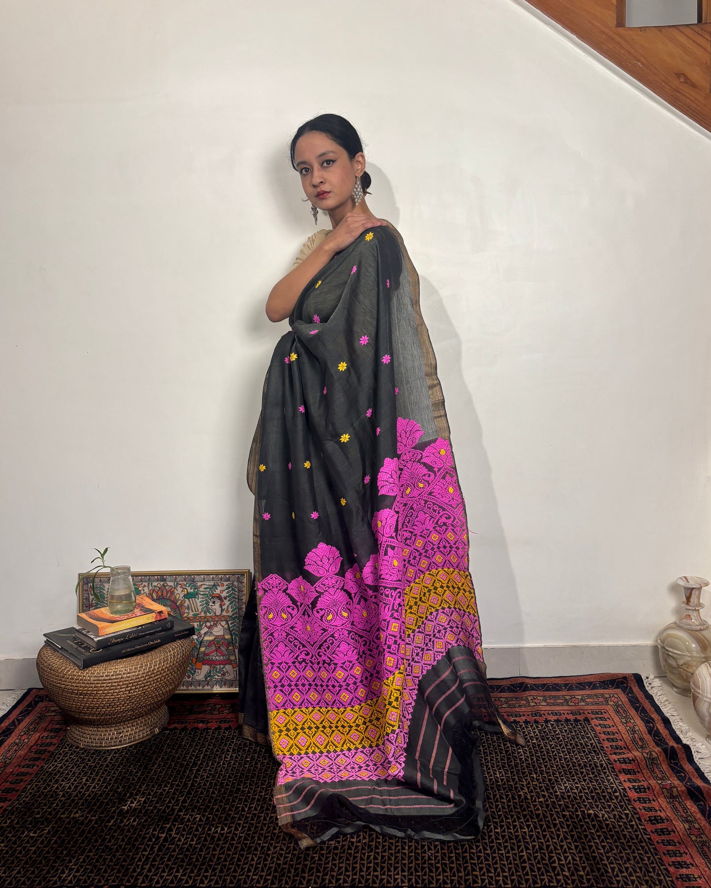 Raw Silk - Cotton Sari with Pink & Yellow Heavy Pallu | Black