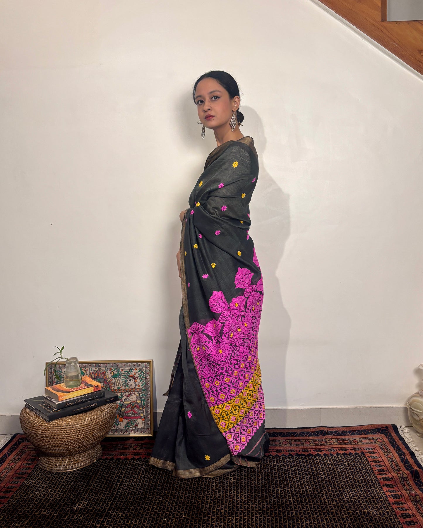 Raw Silk - Cotton Sari with Pink & Yellow Heavy Pallu | Black