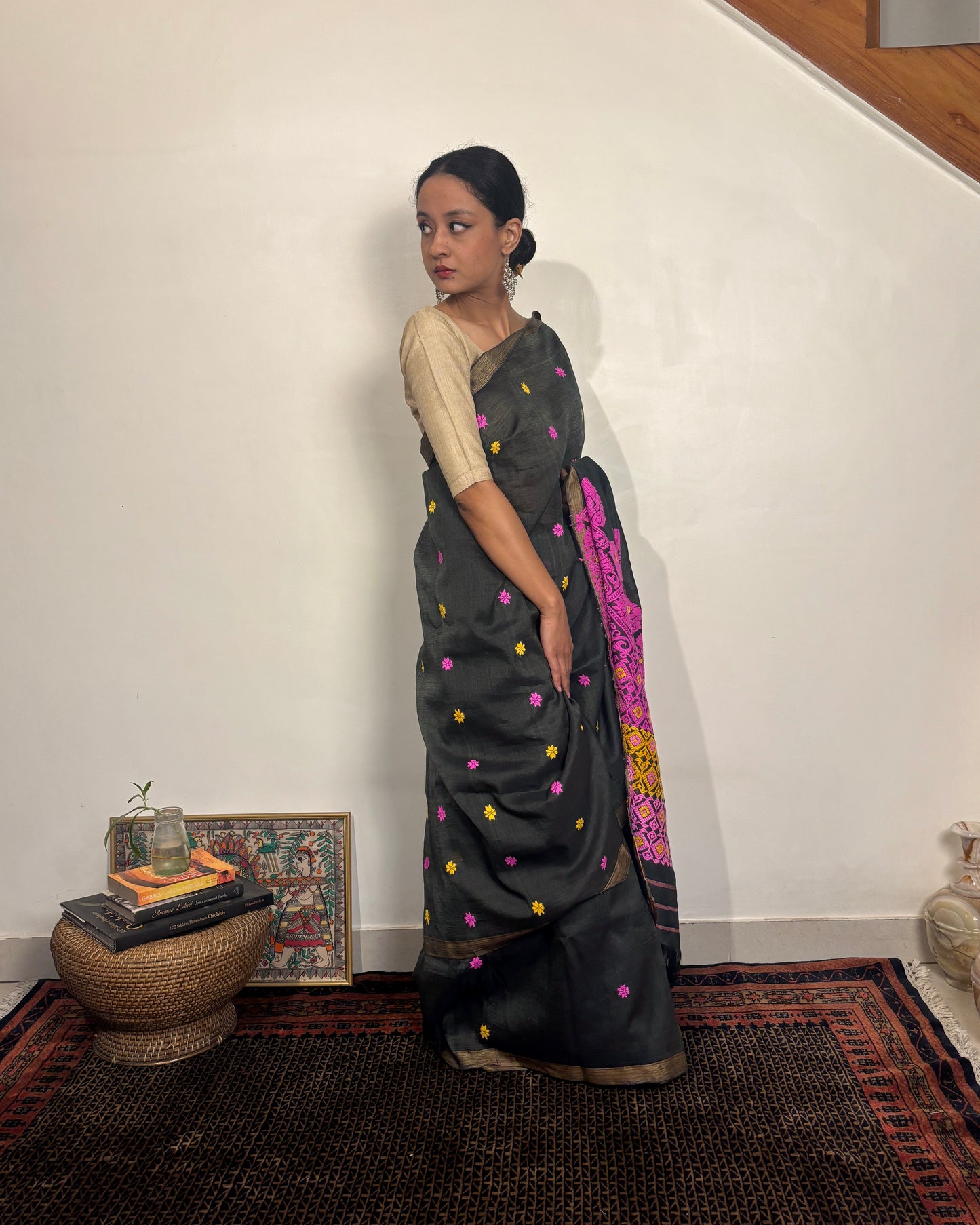 Raw Silk - Cotton Sari with Pink & Yellow Heavy Pallu | Black