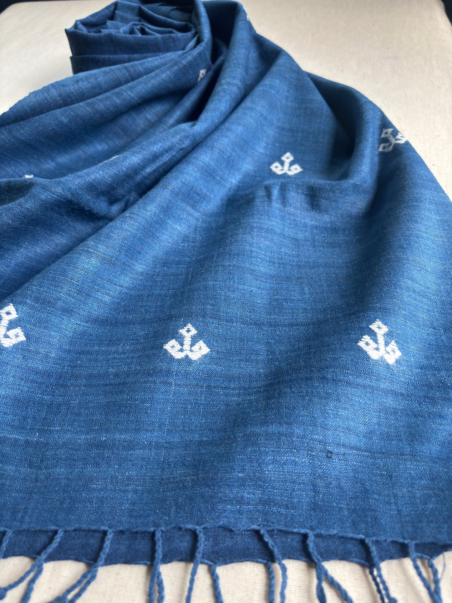 Blue Ahimsa Silk Scarf with White Motifs | Indigo Dyes