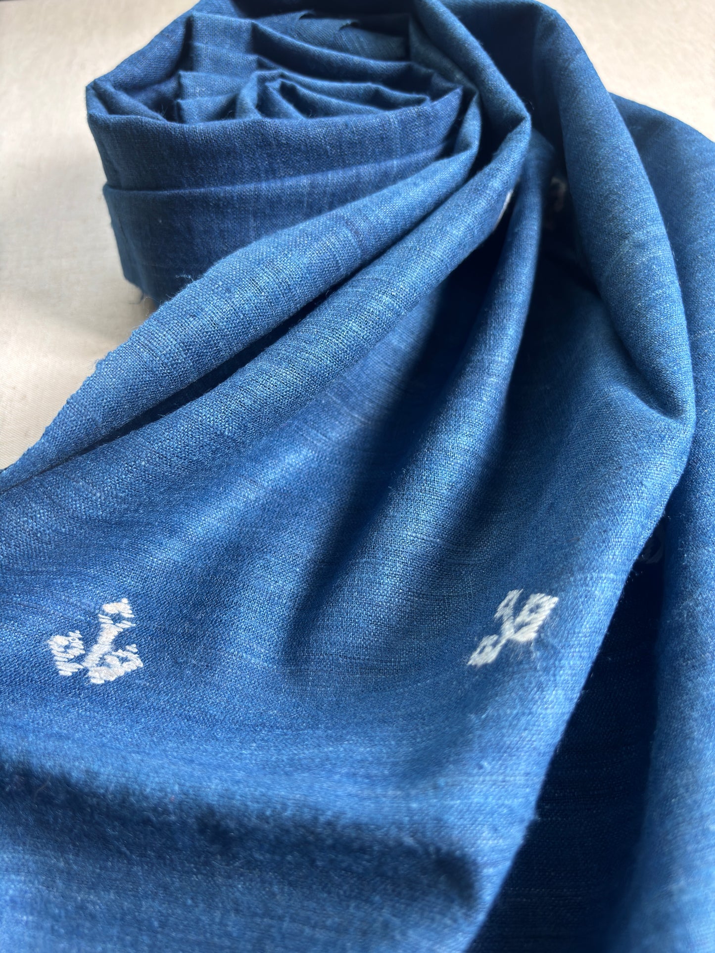 Blue Ahimsa Silk Scarf with White Motifs | Indigo Dyes