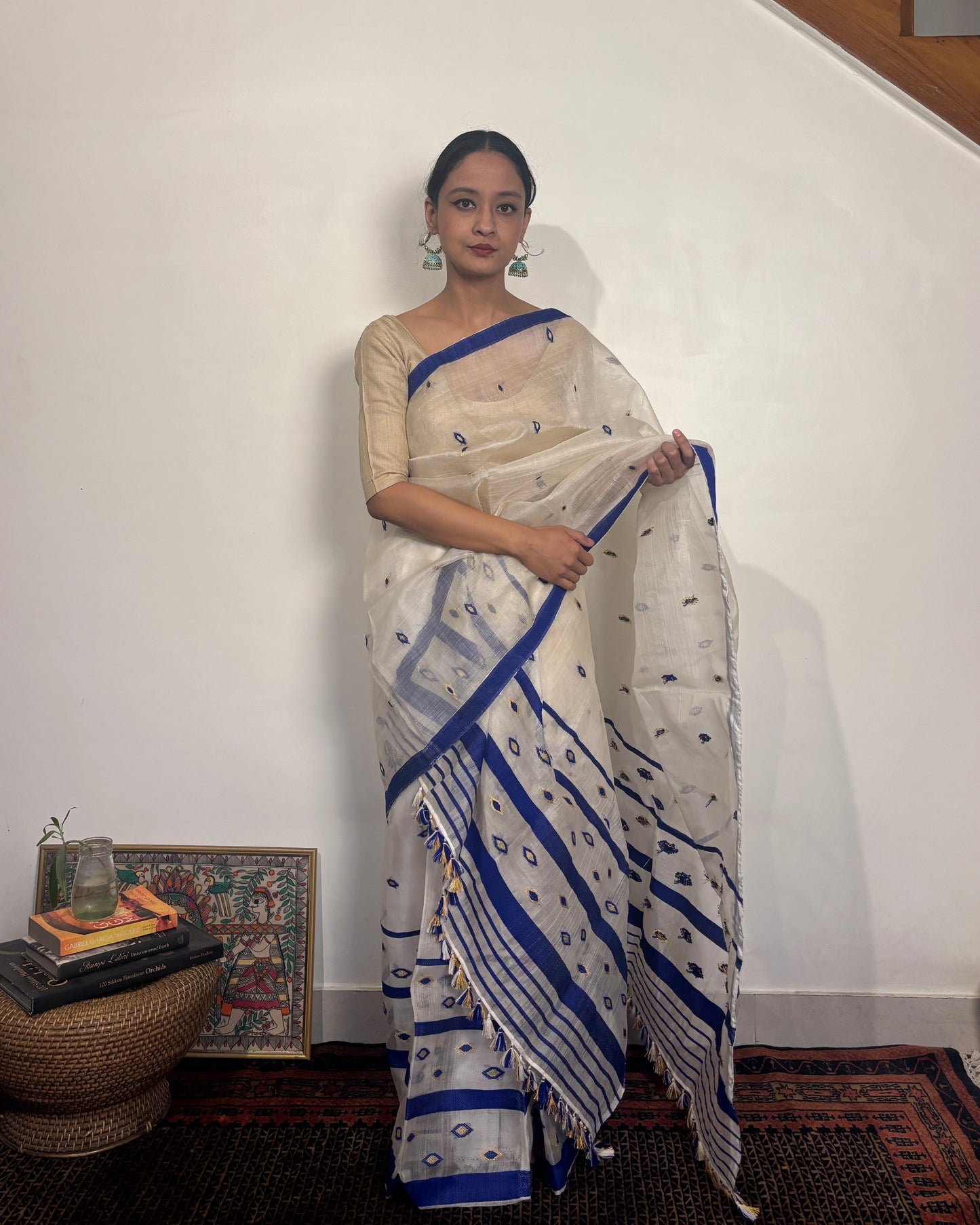 Pure Raw Silk Mekhela Sador | White with Blue & Gold Motifs