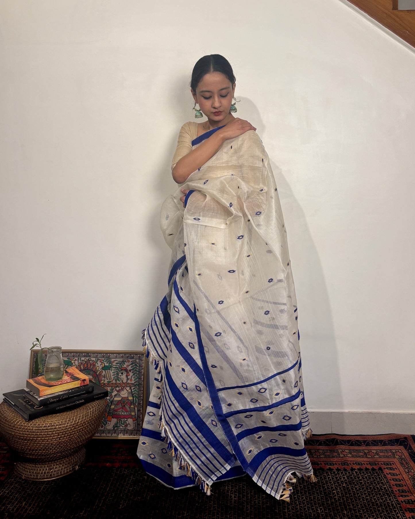Pure Raw Silk Mekhela Sador | White with Blue & Gold Motifs