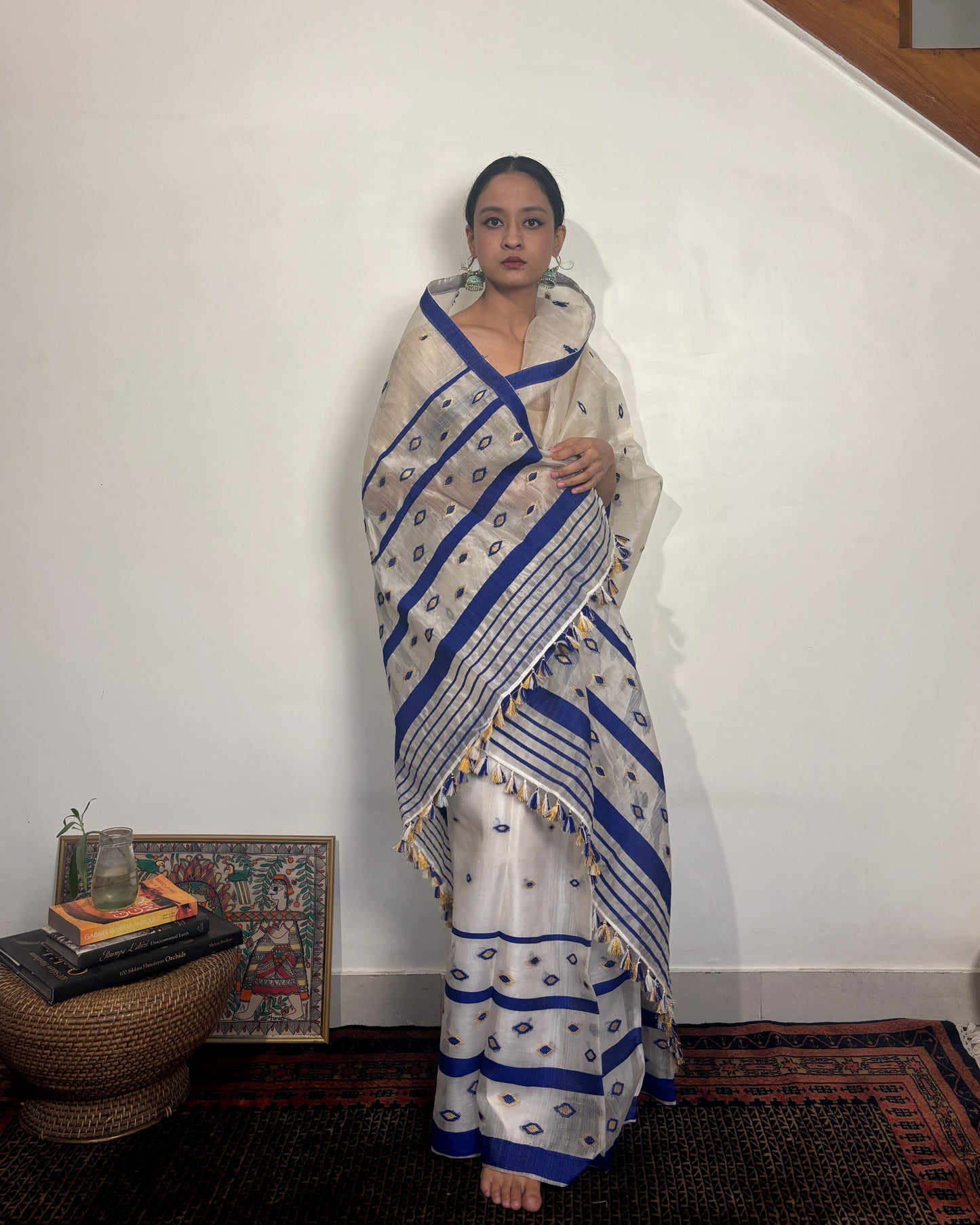 Pure Raw Silk Mekhela Sador | White with Blue & Gold Motifs