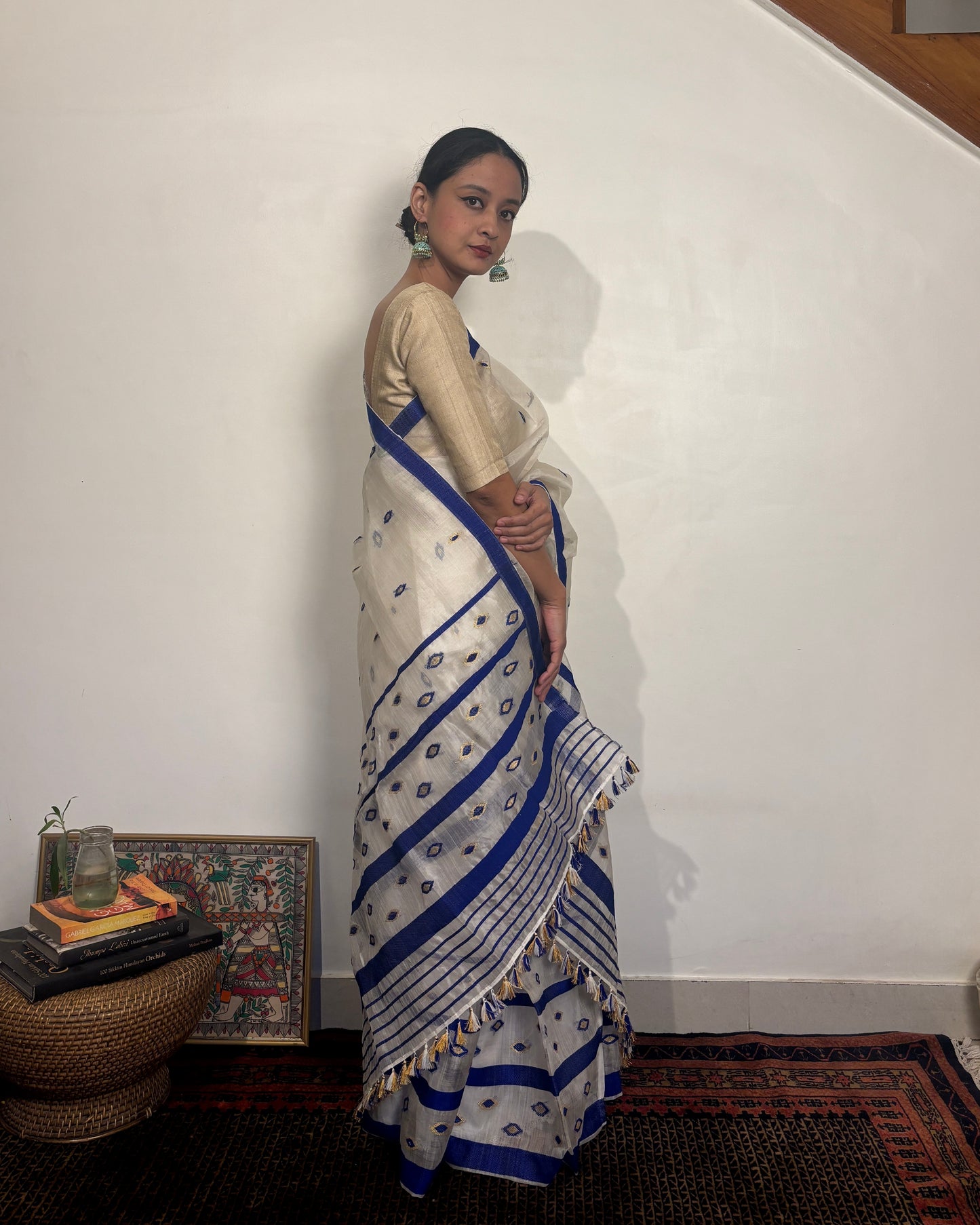 Pure Raw Silk Mekhela Sador | White with Blue & Gold Motifs