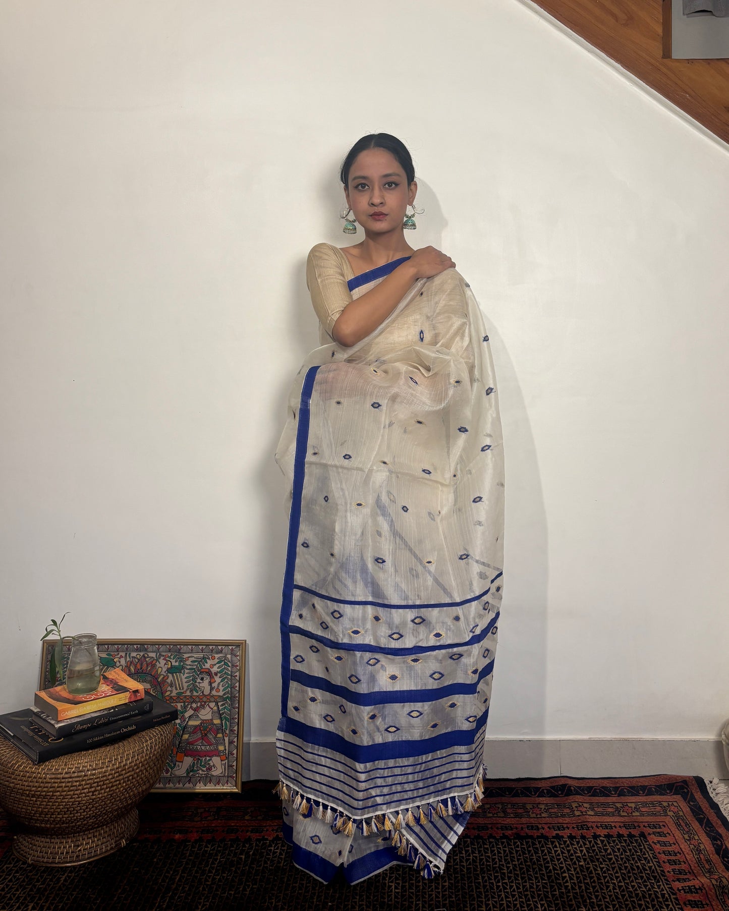 Pure Raw Silk Mekhela Sador | White with Blue & Gold Motifs