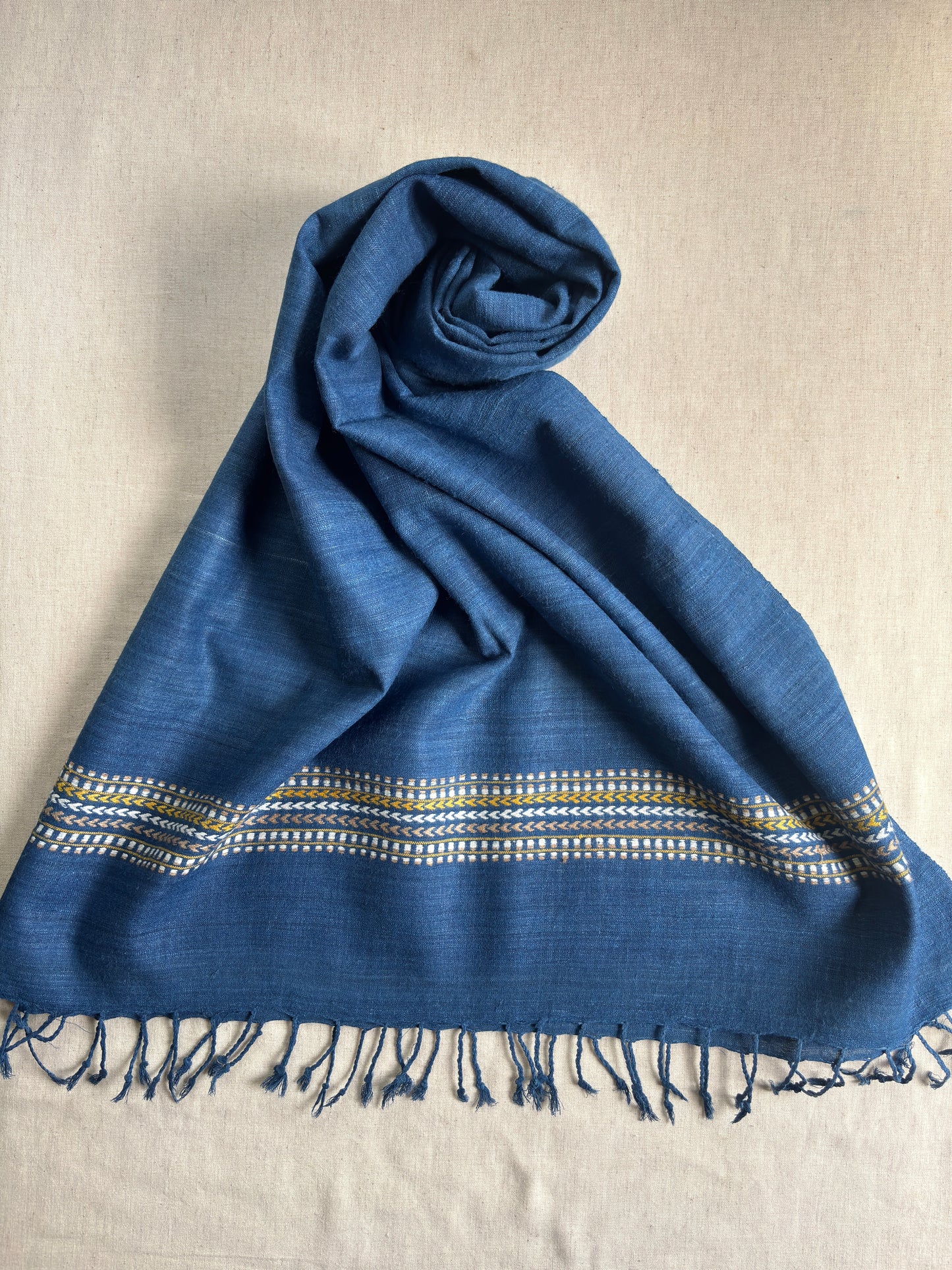 Blue Ahimsa Silk Scarf with Striped Arrow Border | Indigo Dyes