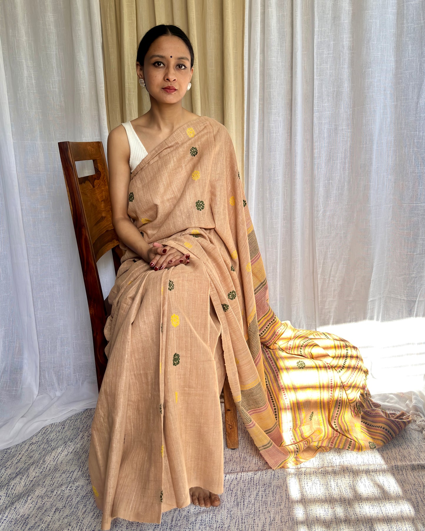 Tea-Leaf Dyed Eri Silk Handloom Saree | Beige Saree with Multicoloured Motifs