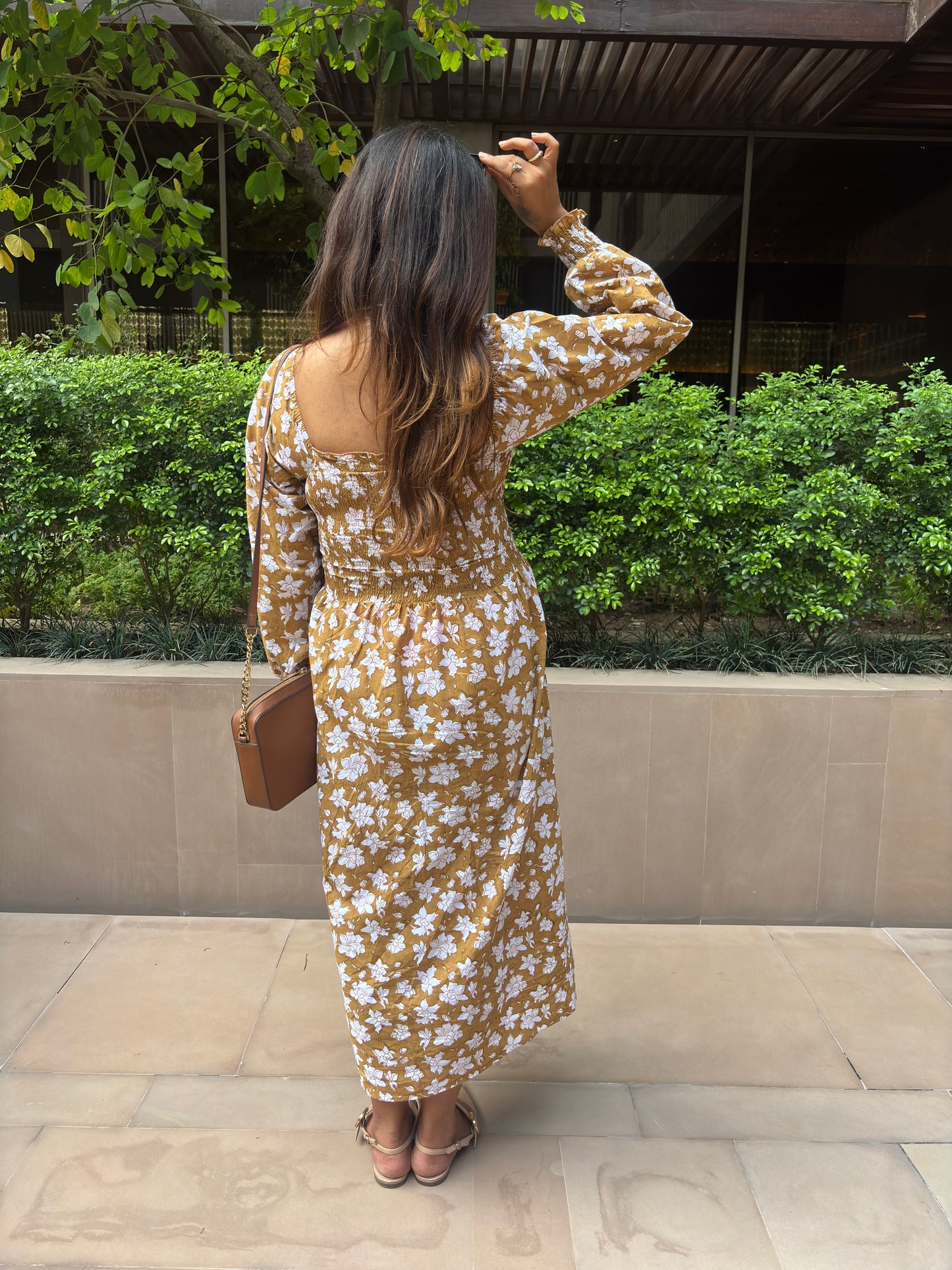 Caramel Brown Floral Cotton Dress with Smocked Sleeves and Puff Sleeves