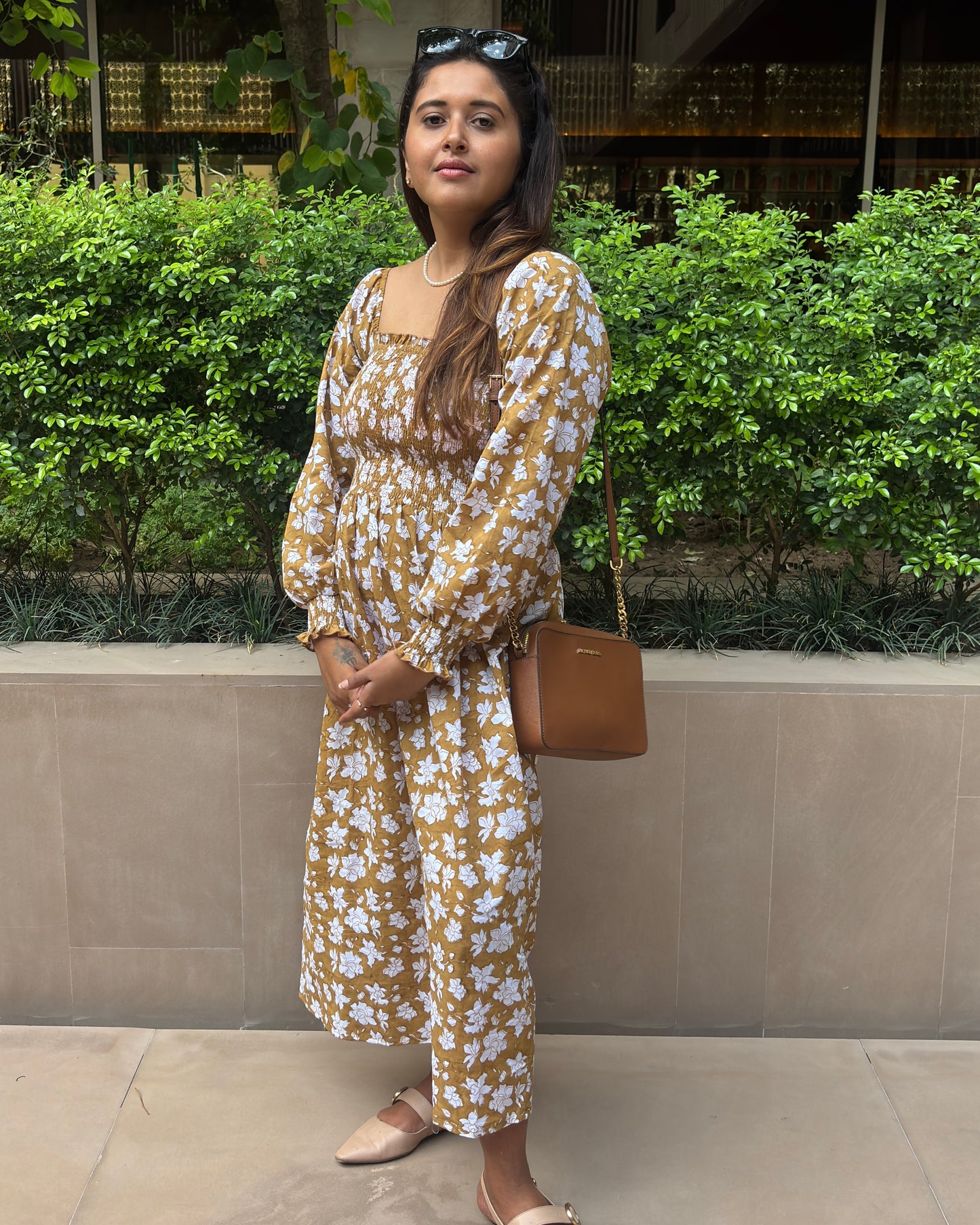 Caramel Brown Floral Cotton Dress with Smocked Sleeves and Puff Sleeves