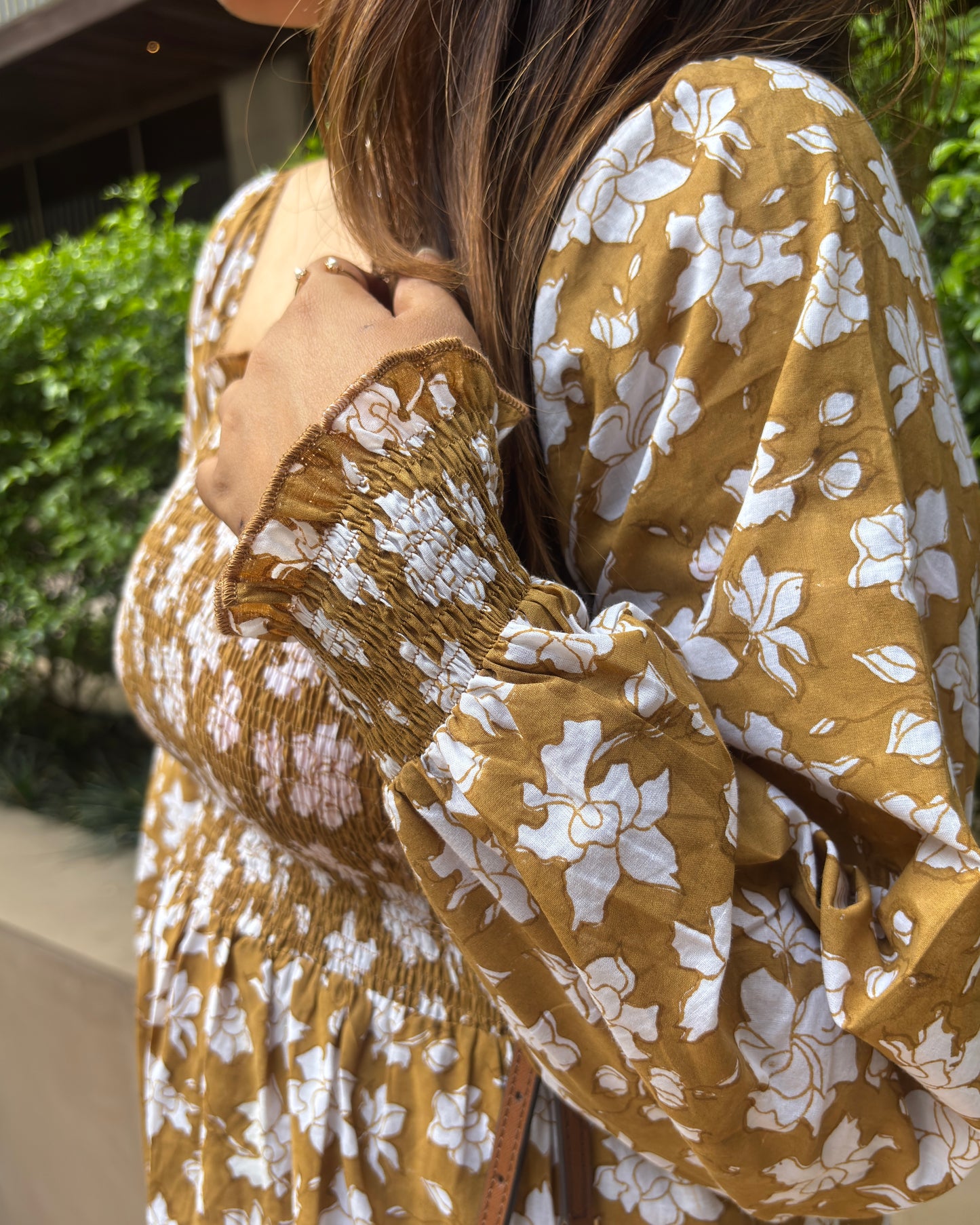 Caramel Brown Floral Cotton Dress with Smocked Sleeves and Puff Sleeves