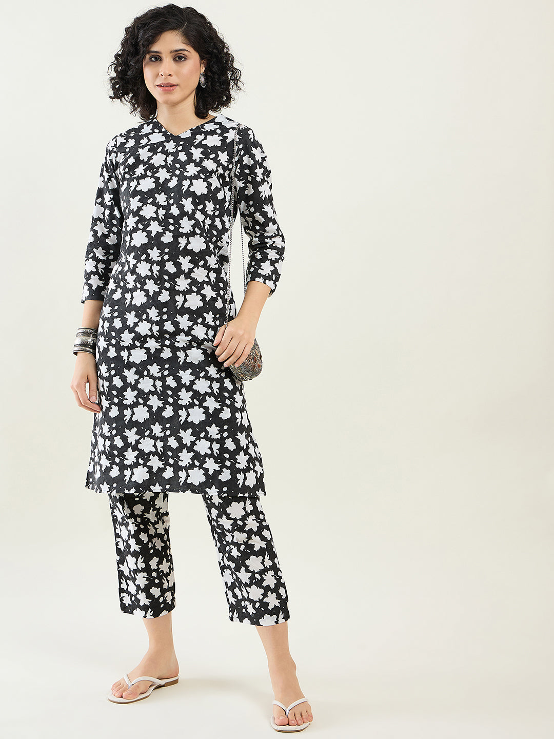 Modern Basics V-Neck Kurta Set for Women | Black & White