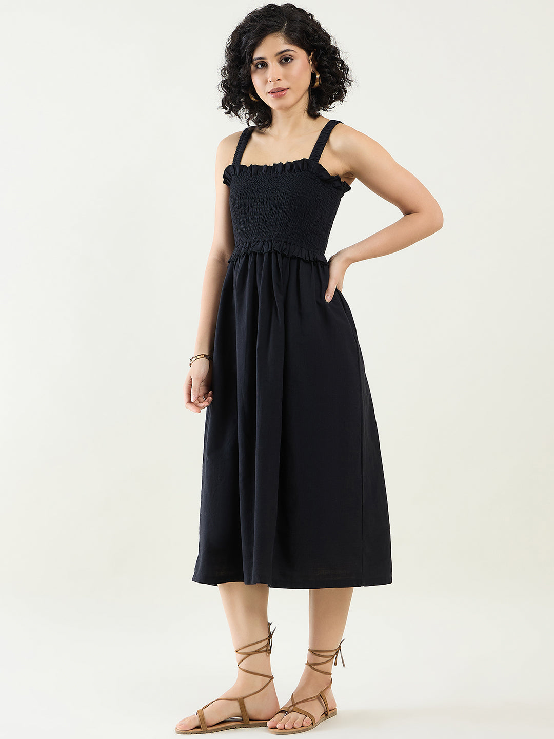Smocked Midi Dress with Ruffle Detail | Black