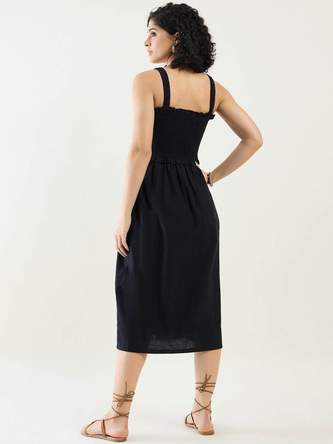 Smocked Midi Dress with Ruffle Detail | Black
