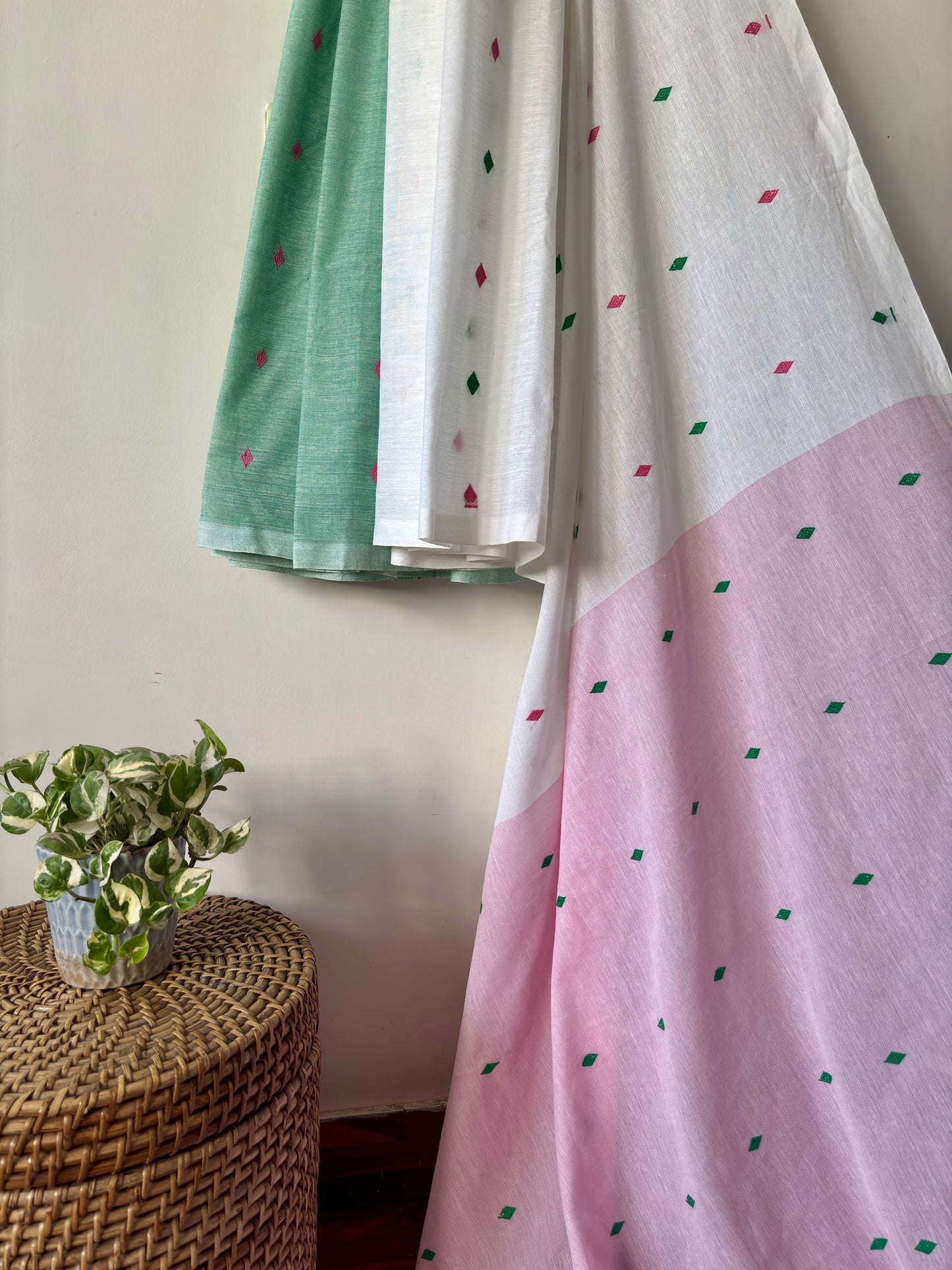 Handloom Cotton Saree | Strawberry Pistachio Summer Saree | Pink, Green, White