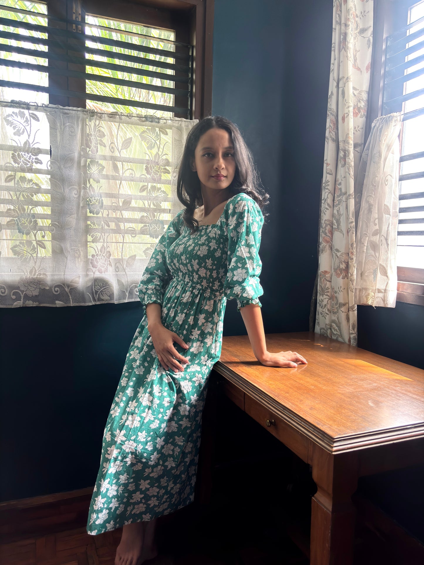Emerald Green Floral Cotton Dress with Smocked Sleeves