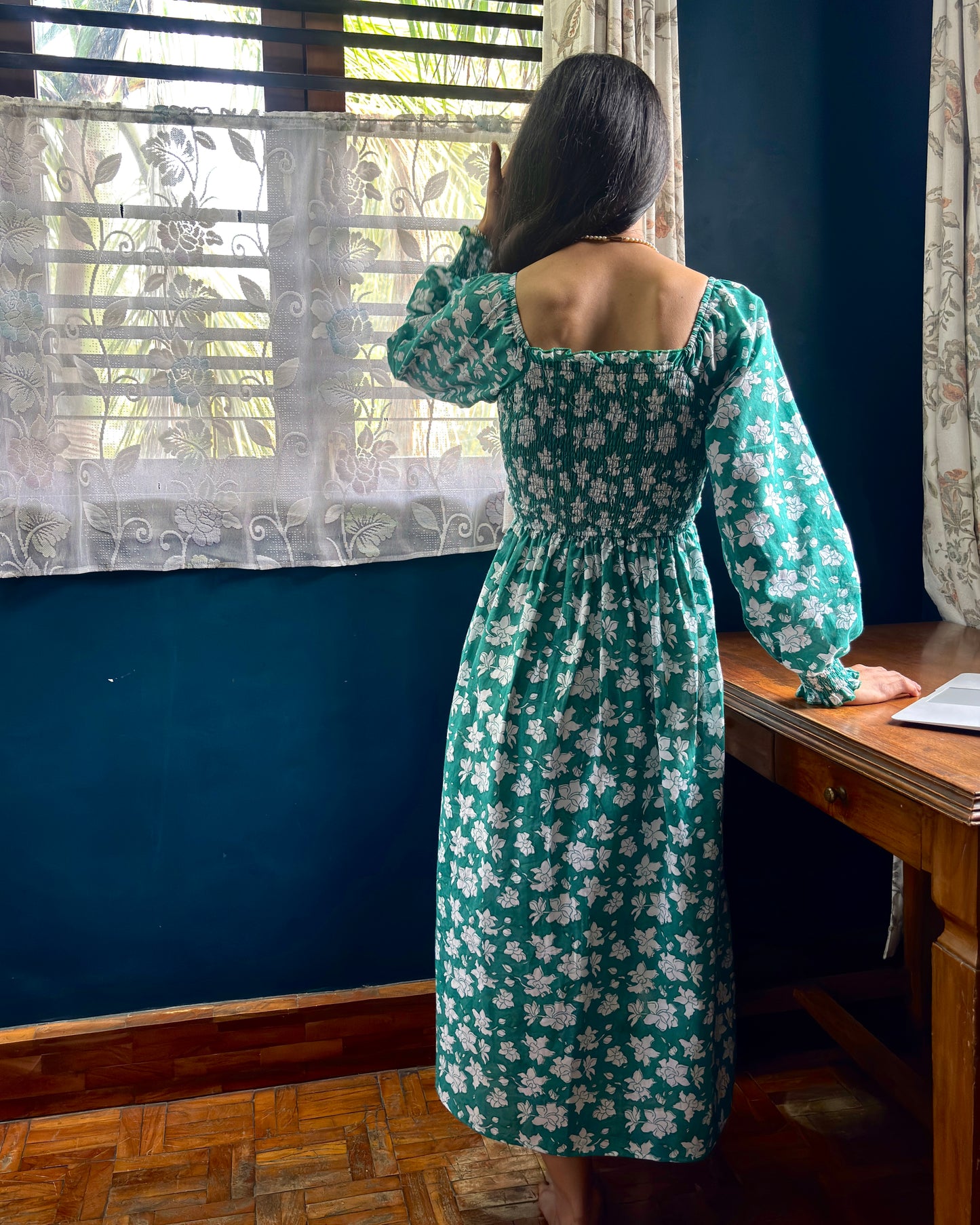 Emerald Green Floral Cotton Dress with Smocked Sleeves