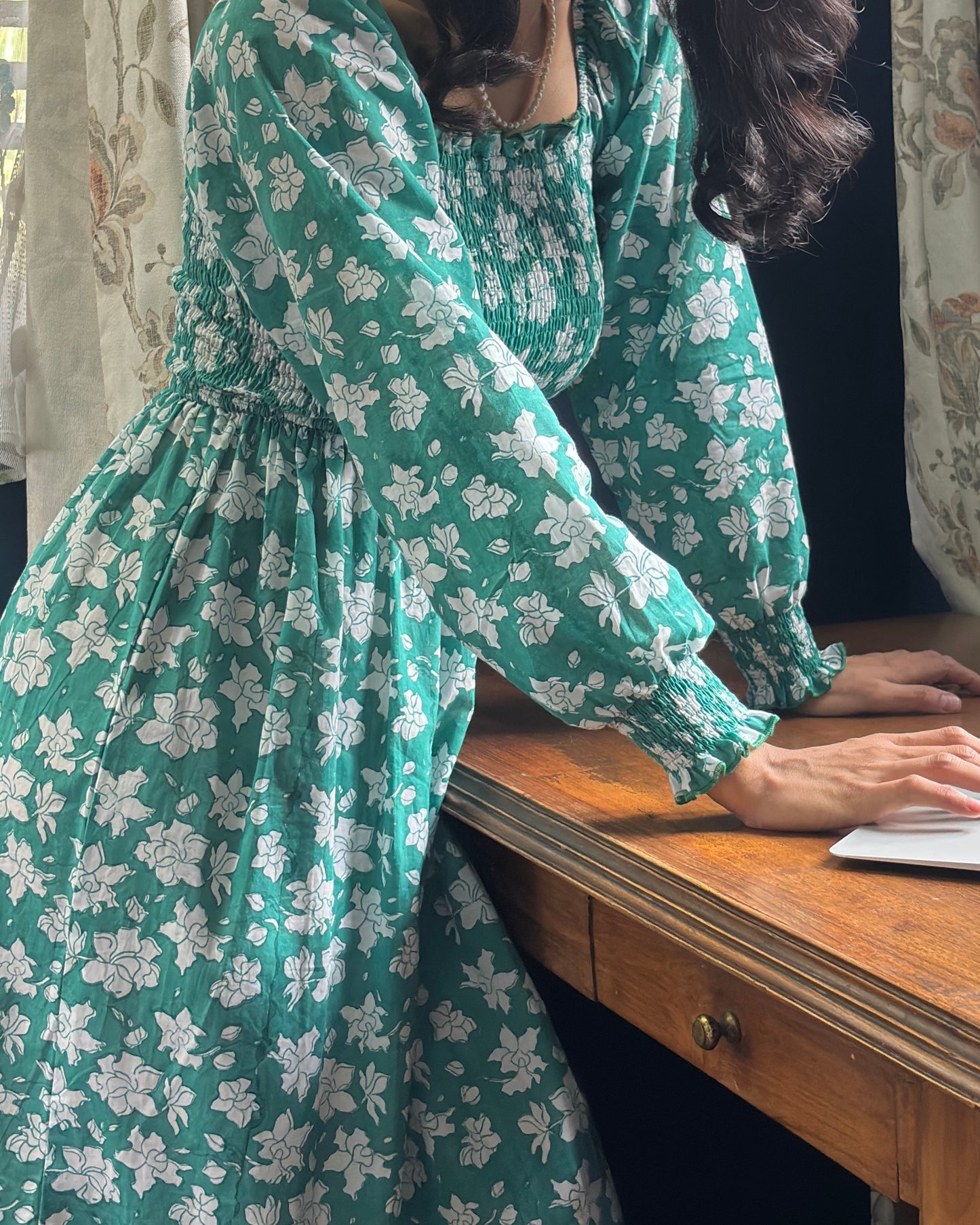 Emerald Green Floral Cotton Dress with Smocked Sleeves