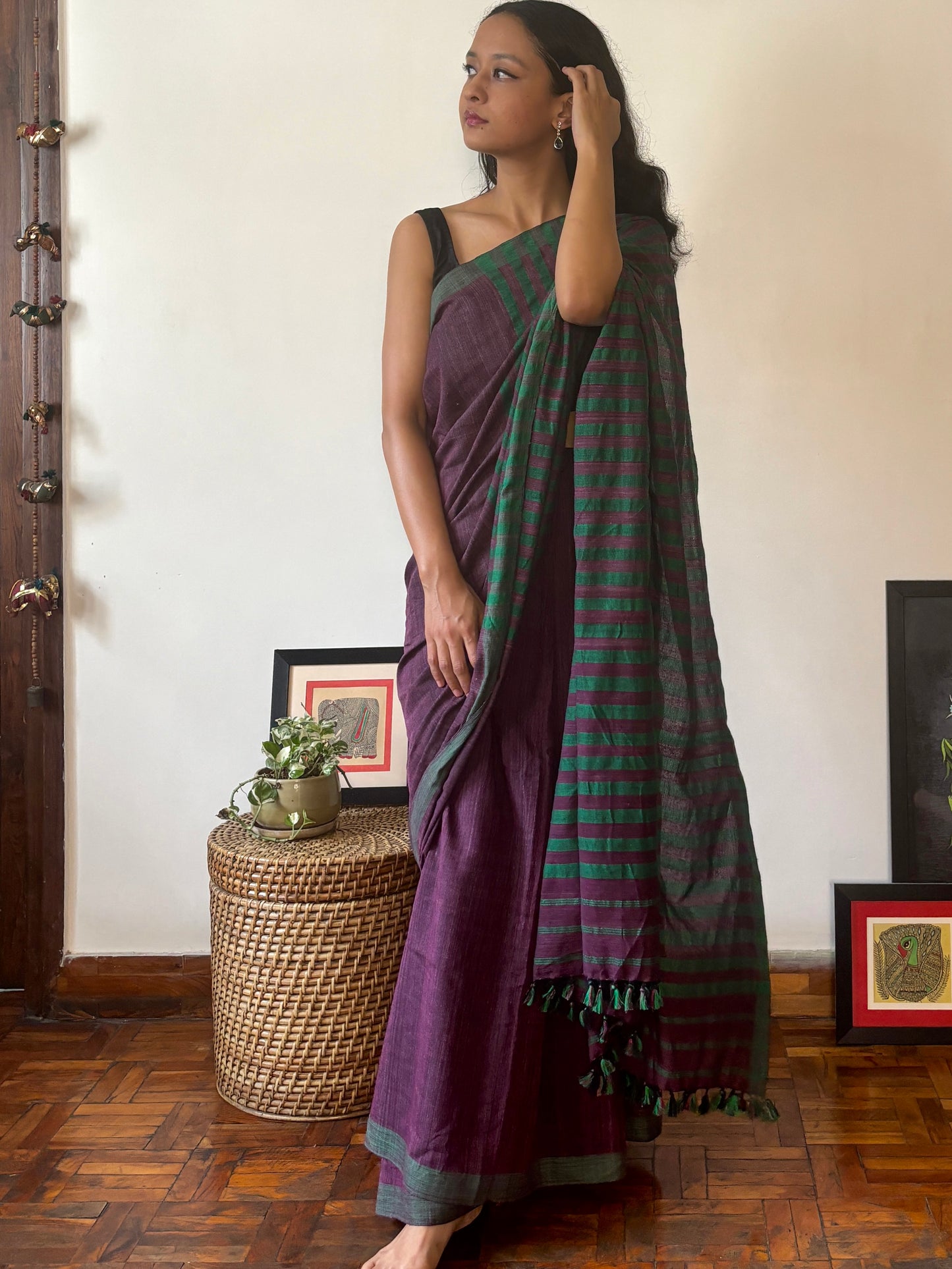 Handwoven Cotton Silk Sari | Deep purple with Green Pallu