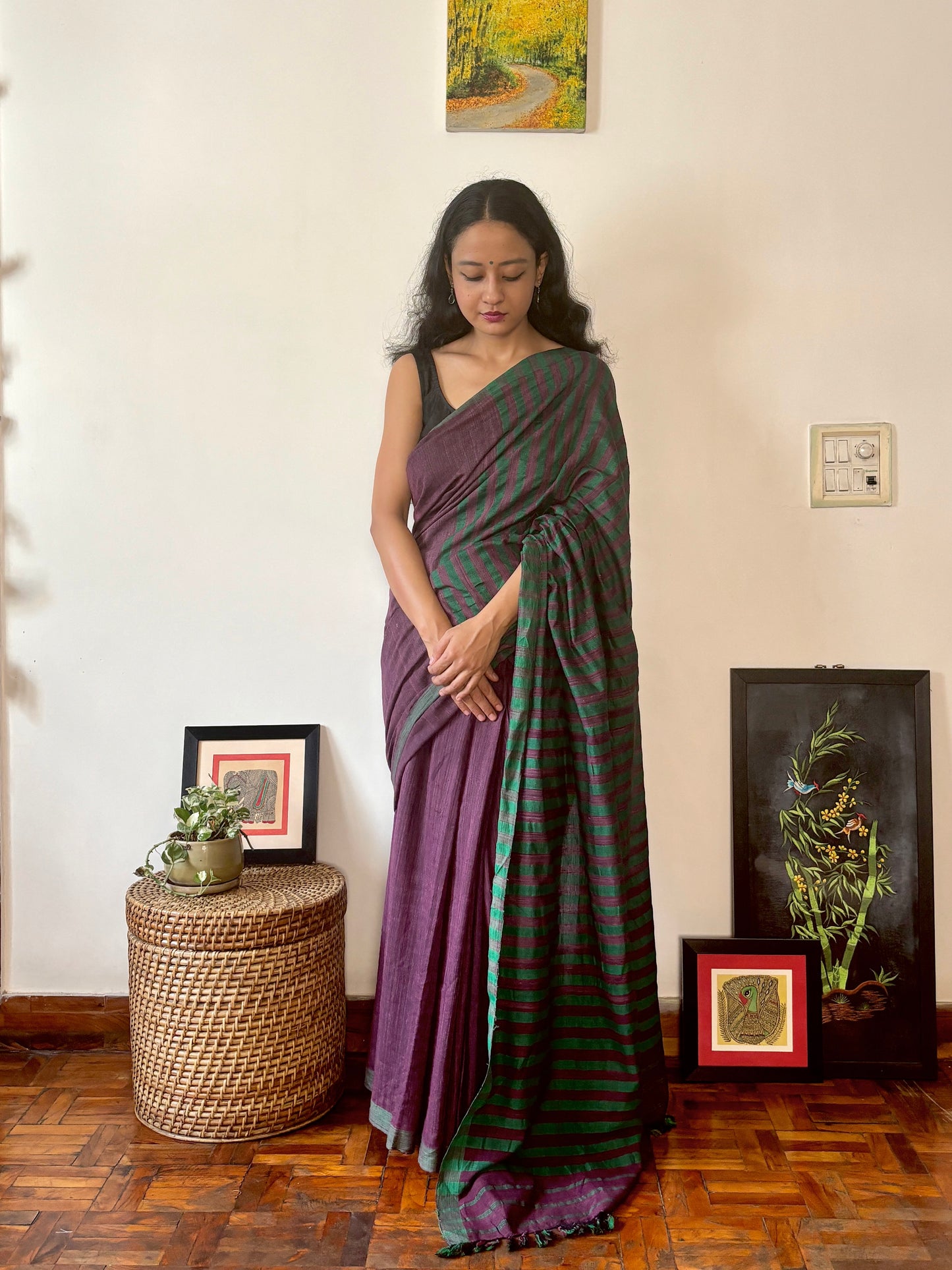 Handwoven Cotton Silk Sari | Deep purple with Green Pallu