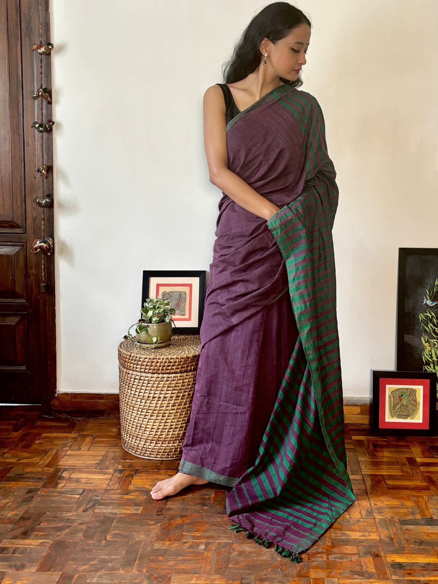 Handwoven Cotton Silk Sari | Deep purple with Green Pallu