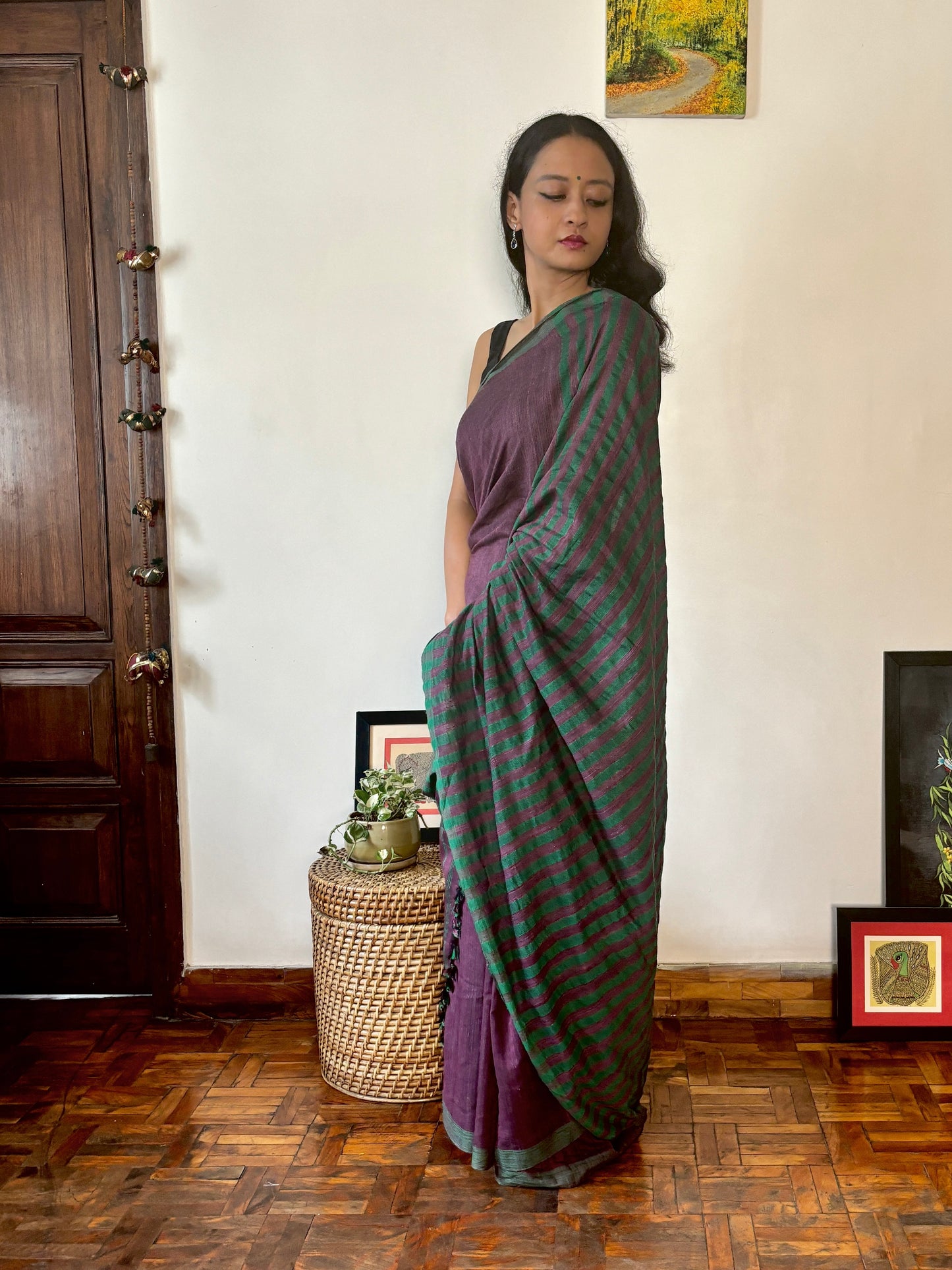 Handwoven Cotton Silk Sari | Deep purple with Green Pallu