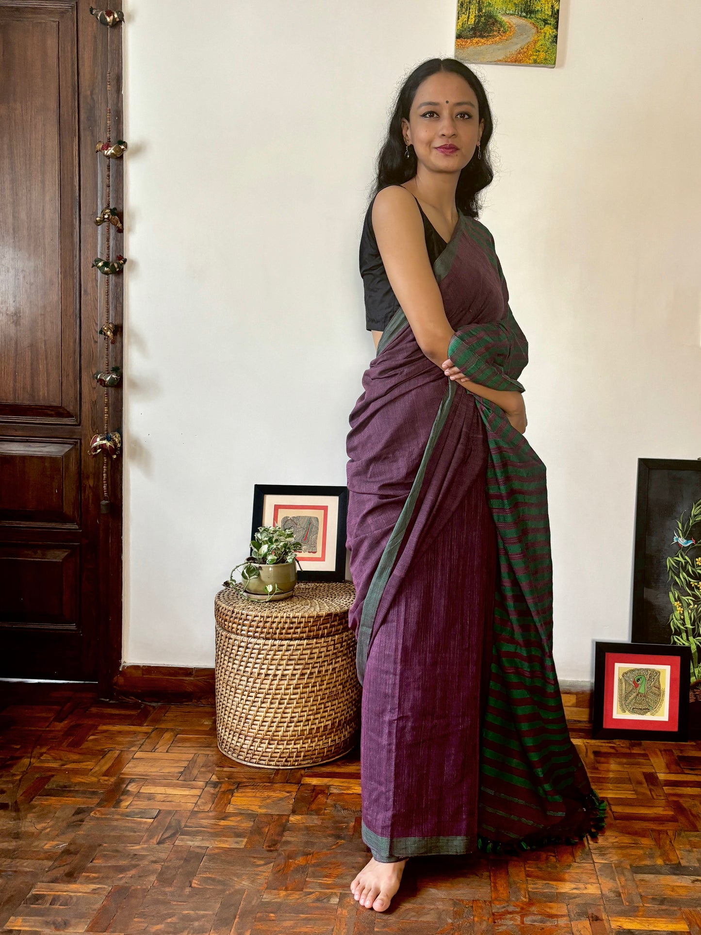 Handwoven Cotton Silk Sari | Deep purple with Green Pallu