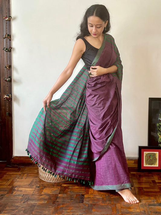 Handwoven Cotton Silk Sari | Deep purple with Green Pallu