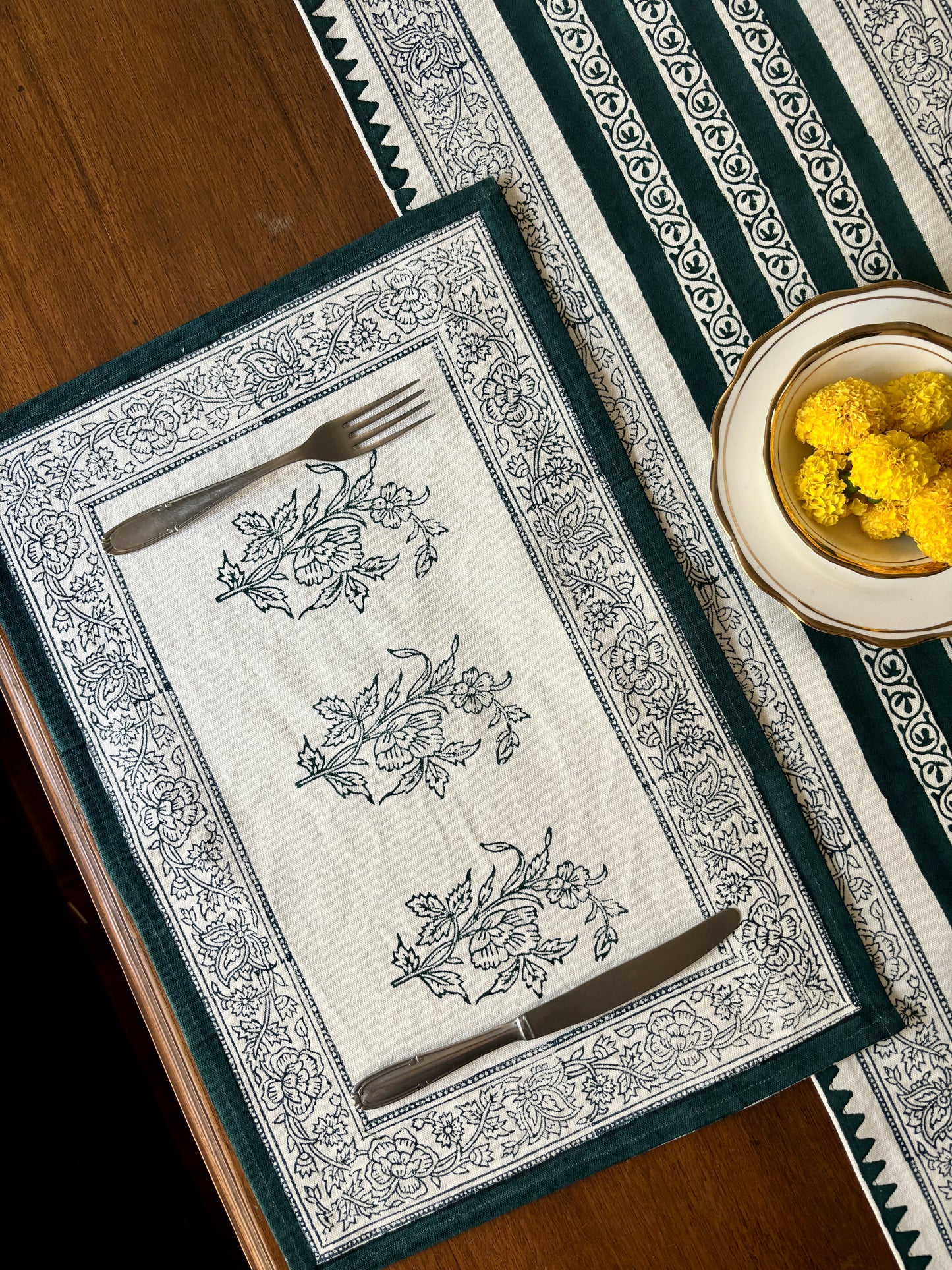 Dining Table Placemats | Floral & Geometric |Teal Blue | Set of 6