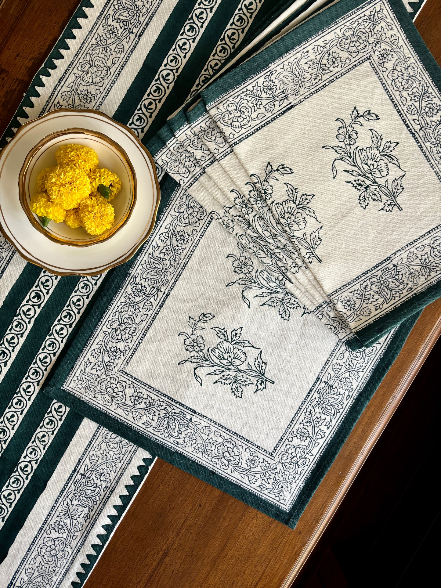 Dining Table Placemats | Floral & Geometric |Teal Blue | Set of 6