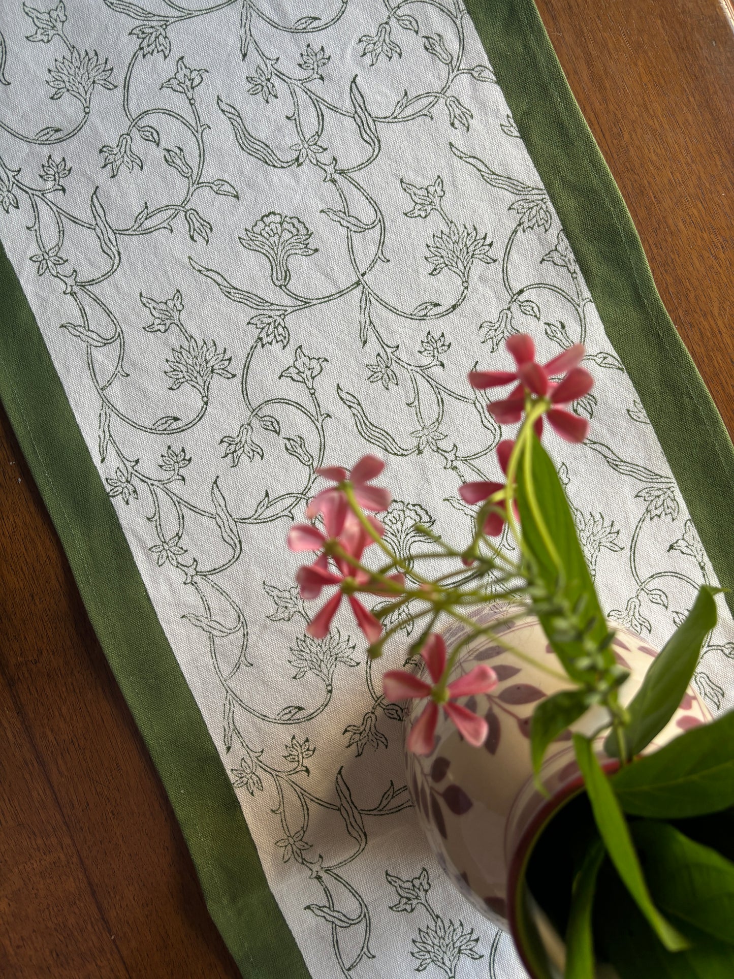 Hand Block Printed Floral Table Runner | Olive Green