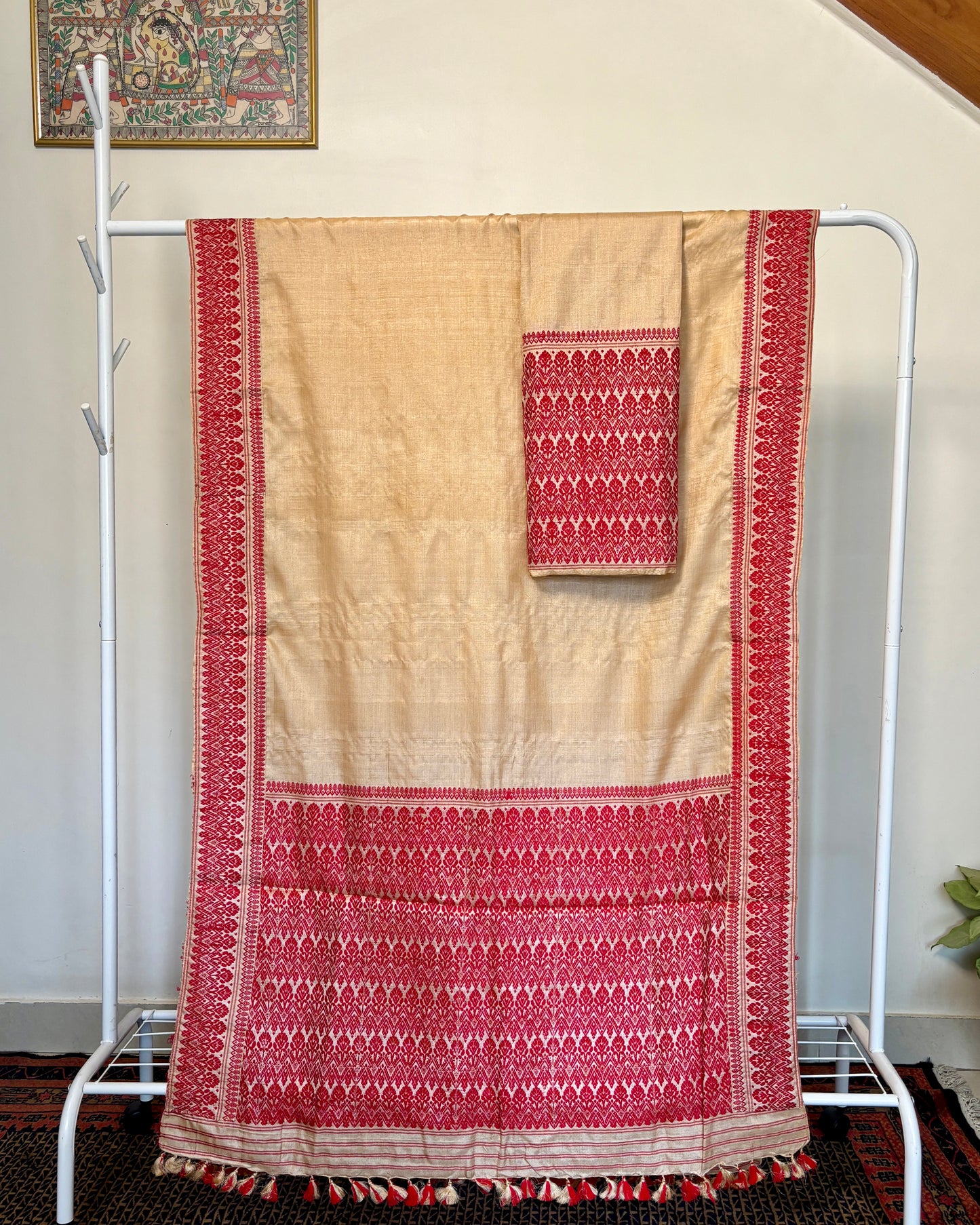 Handloom Tussar Silk Mekhela Sador | Red and Gold