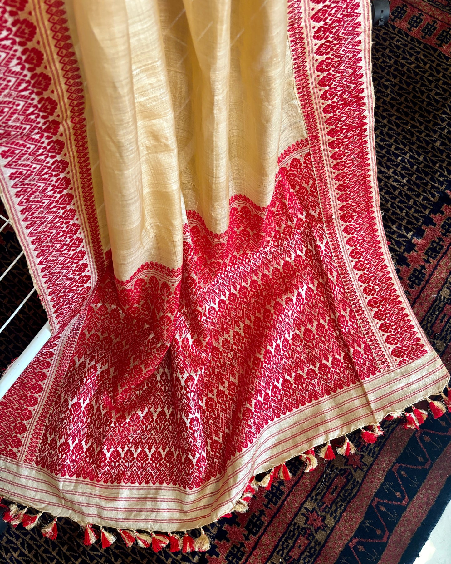 Handloom Tussar Silk Mekhela Sador | Red and Gold