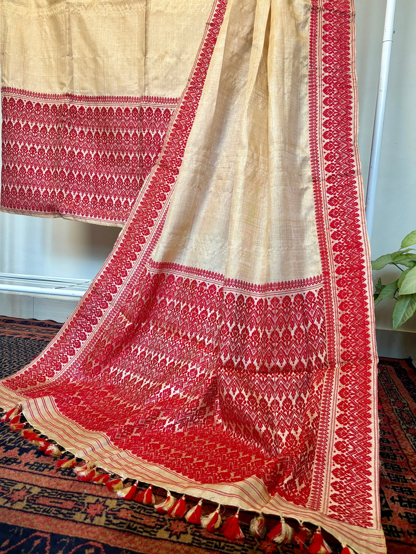 Handloom Tussar Silk Mekhela Sador | Red and Gold