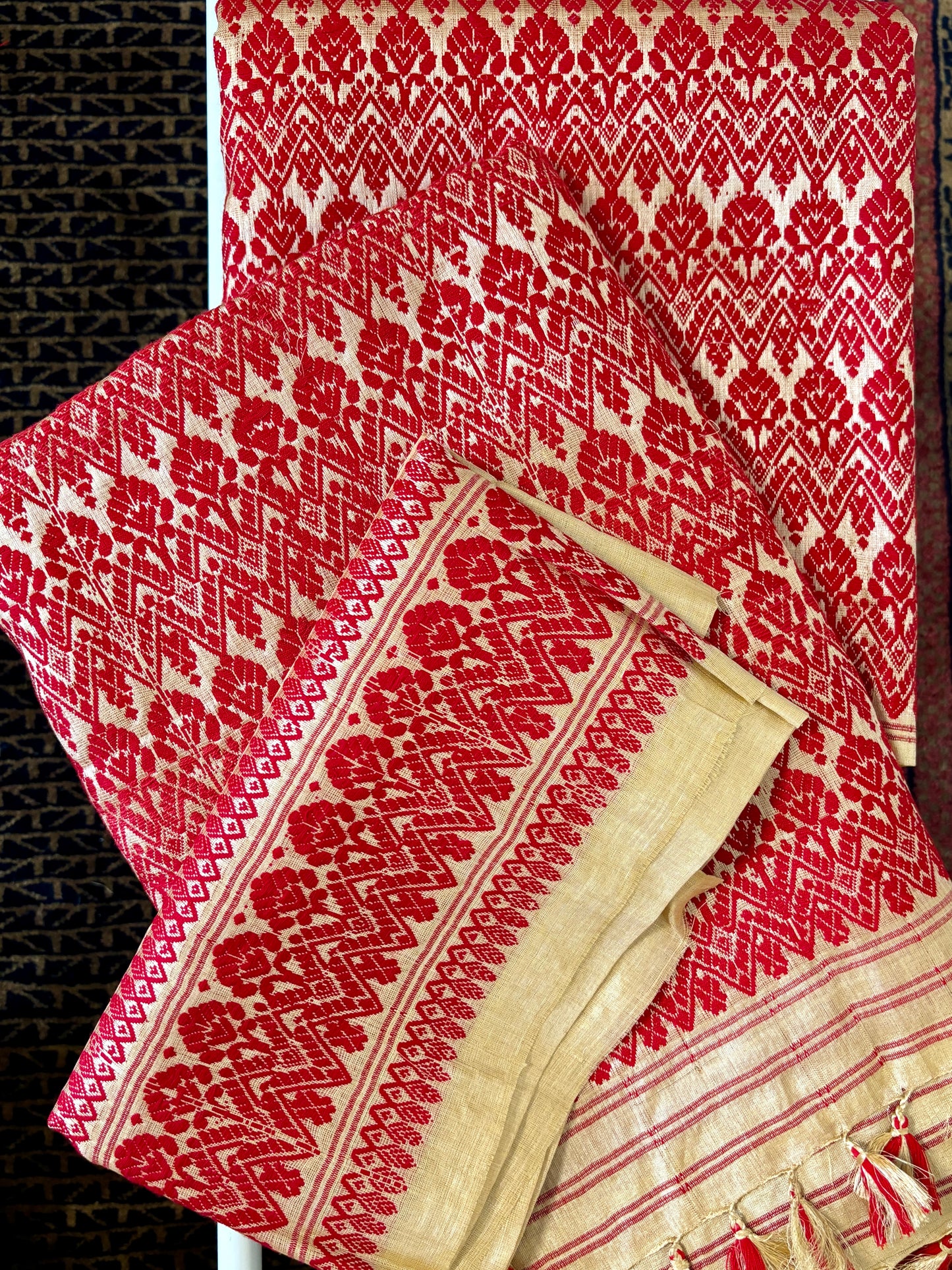 Handloom Tussar Silk Mekhela Sador | Red and Gold