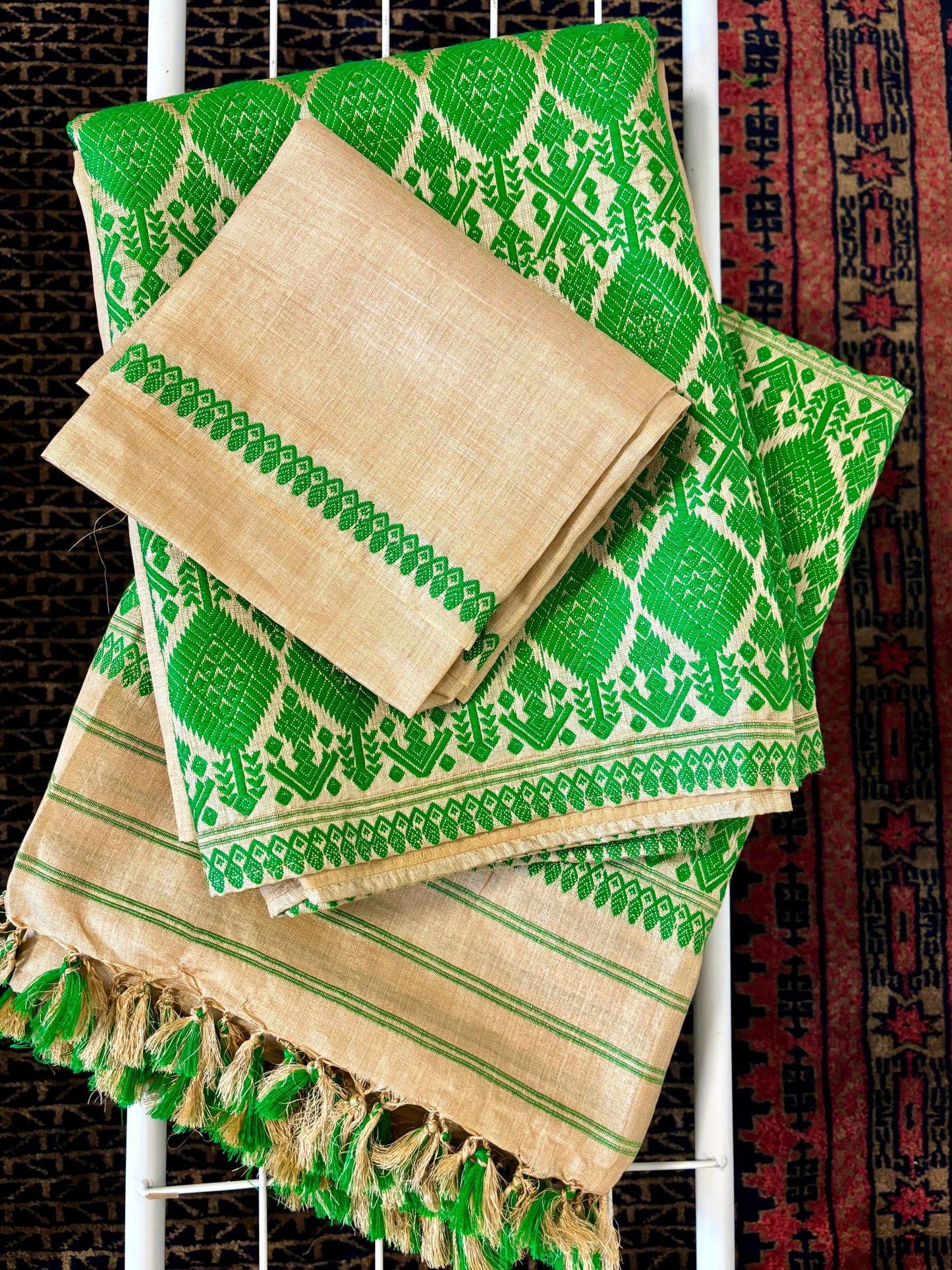 Handloom Tussar Silk Mekhela Sador | Green and Gold