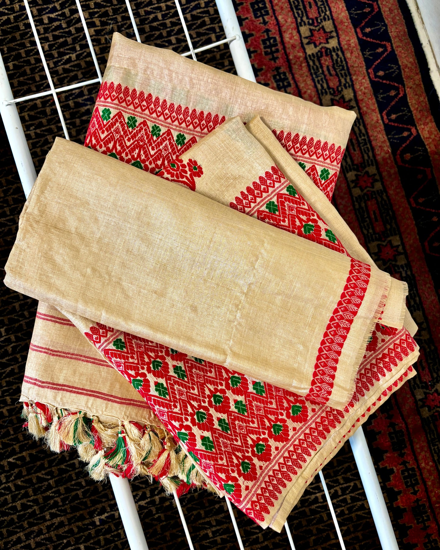 Handloom Tussar Silk Mekhela Sador | Red, Green and Gold