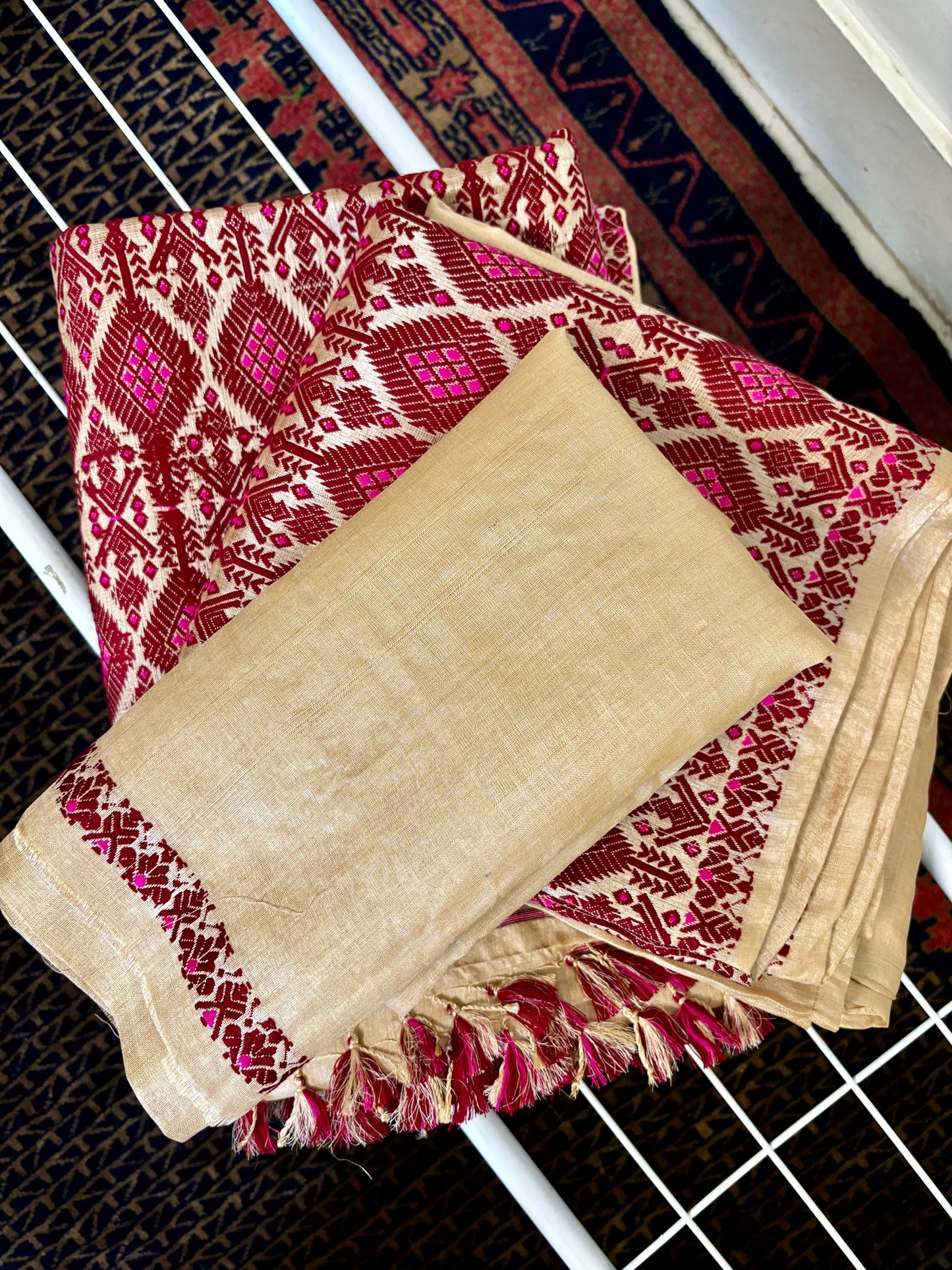 Handloom Tussar Silk Mekhela Sador | Maroon and Gold